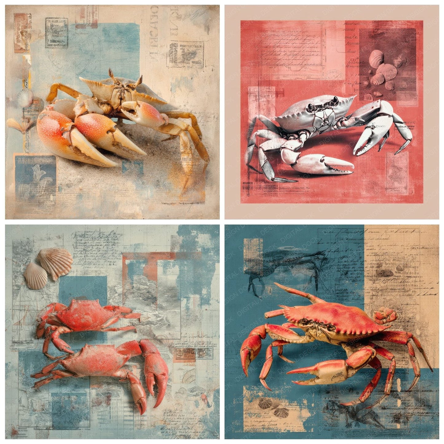 Collage Crab Coastal Shoreline Digital Paper Pack (DDD001045)