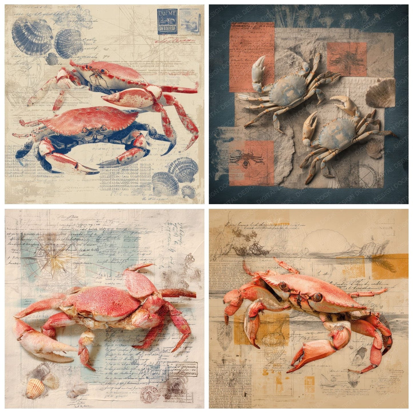 Collage Crab Coastal Shoreline Digital Paper Pack (DDD001045)