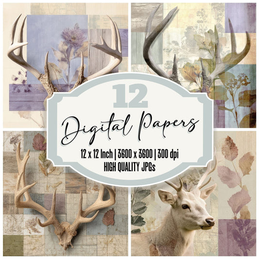 Collage Deer Woodland Bloom Digital Paper Pack (DDD001048)