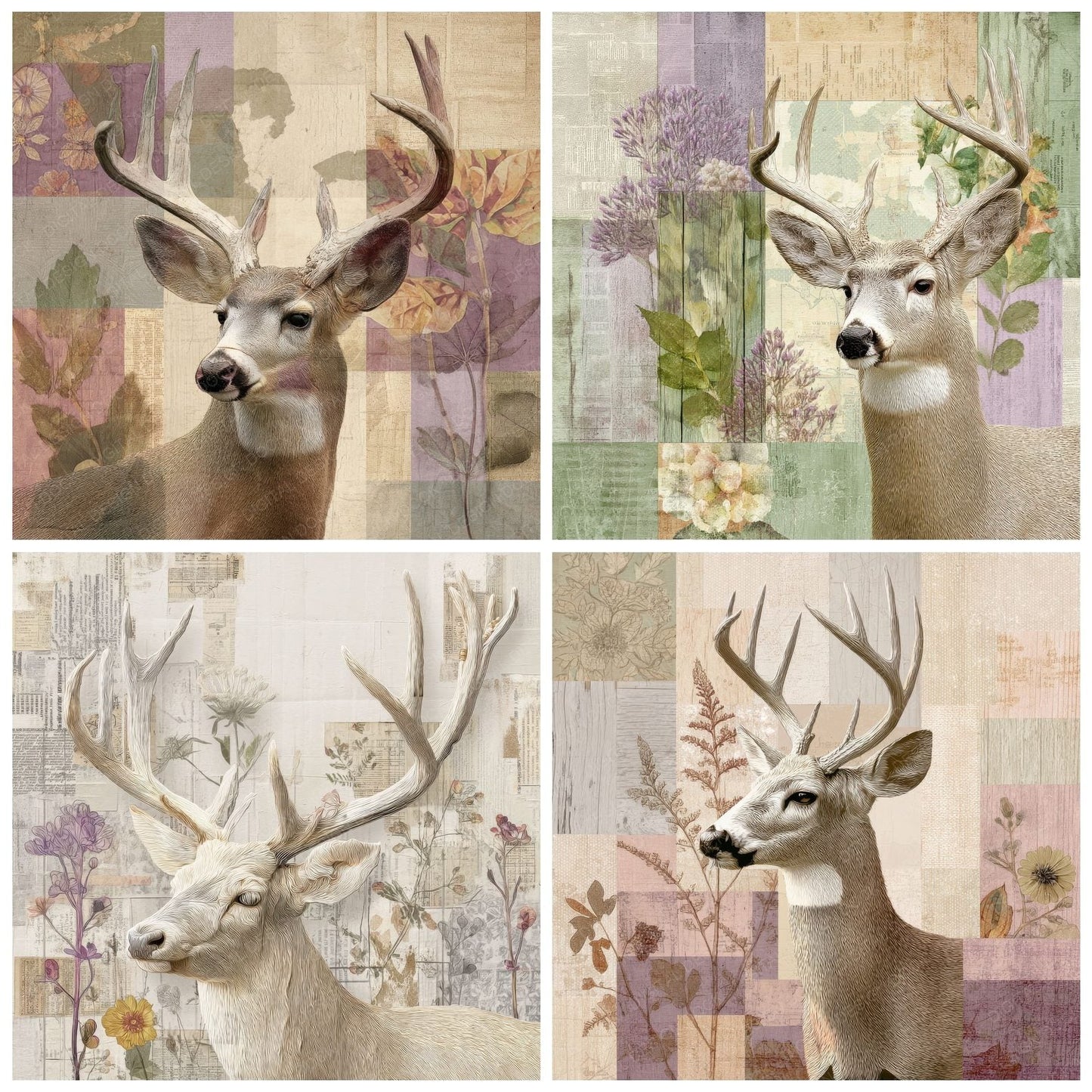 Collage Deer Woodland Bloom Digital Paper Pack (DDD001048)