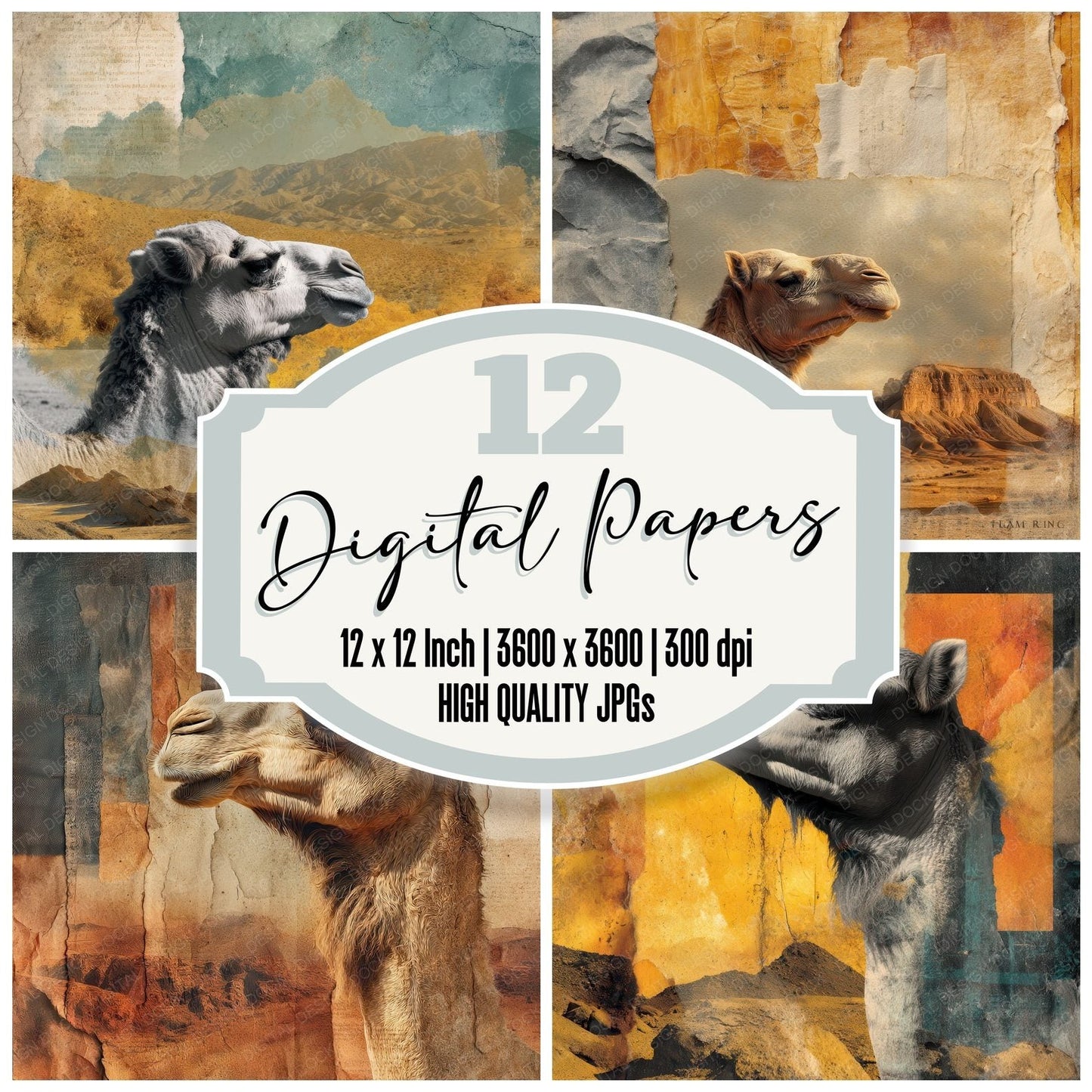 Collage Desert Camel Patterned Digital Paper Pack (DDD001049)