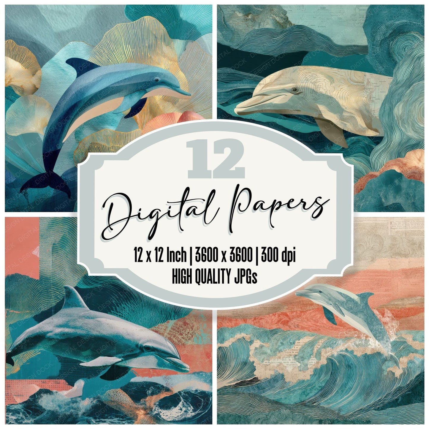Collage Dolphin Ocean Fragment Digital Paper Pack (DDD001050)