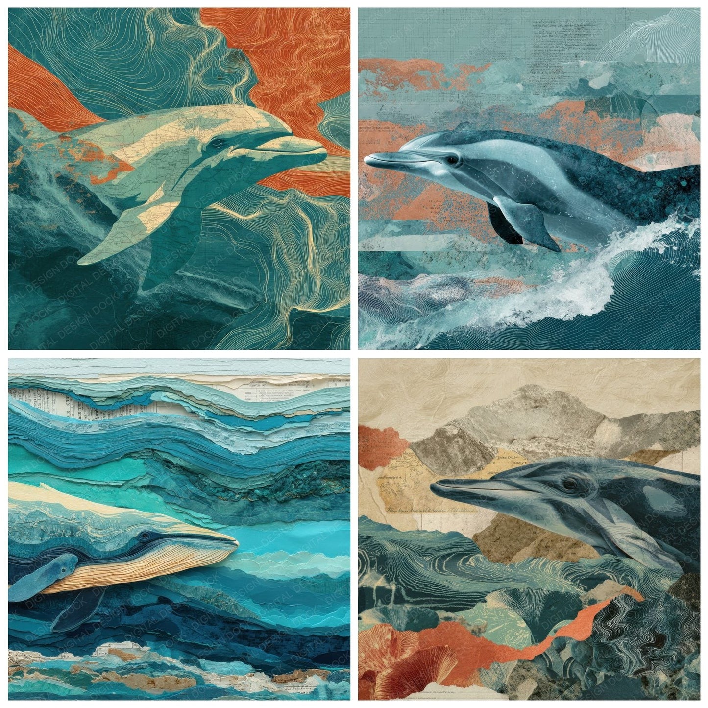 Collage Dolphin Ocean Fragment Digital Paper Pack (DDD001050)