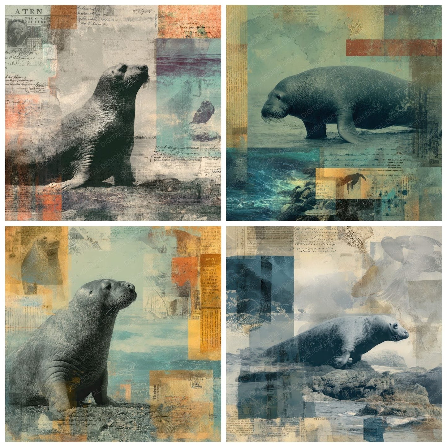 Collage Elephant Seal Oceanic Map Digital Paper Pack (DDD001055)