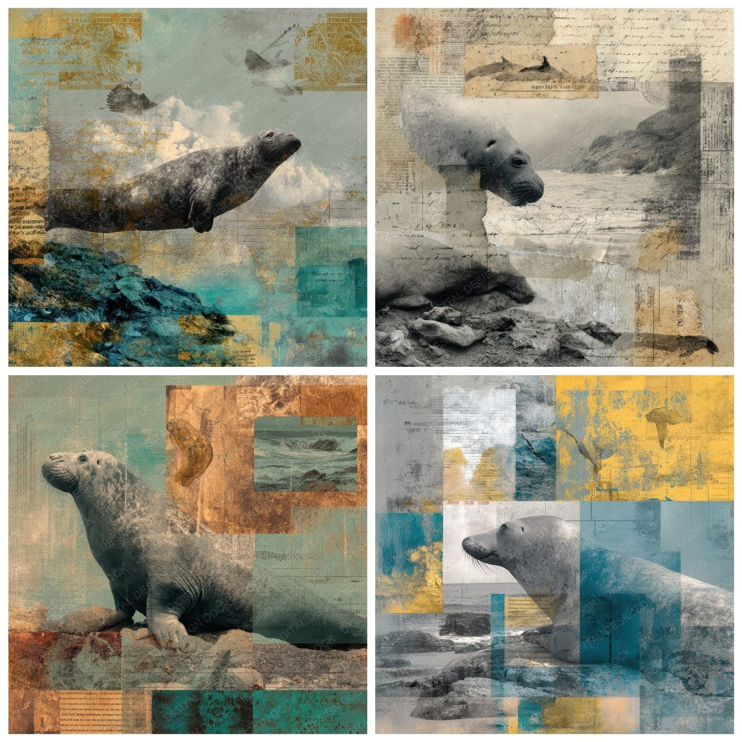 Collage Elephant Seal Oceanic Map Digital Paper Pack (DDD001055)