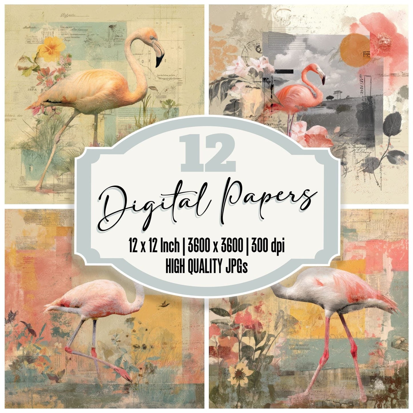 Collage Flamingo Wetland Texture Digital Paper Pack (DDD001063)