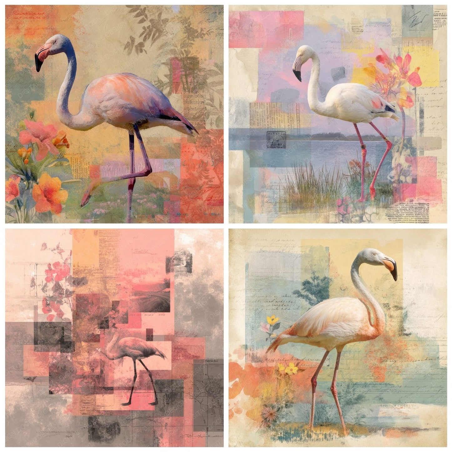 Collage Flamingo Wetland Texture Digital Paper Pack (DDD001063)