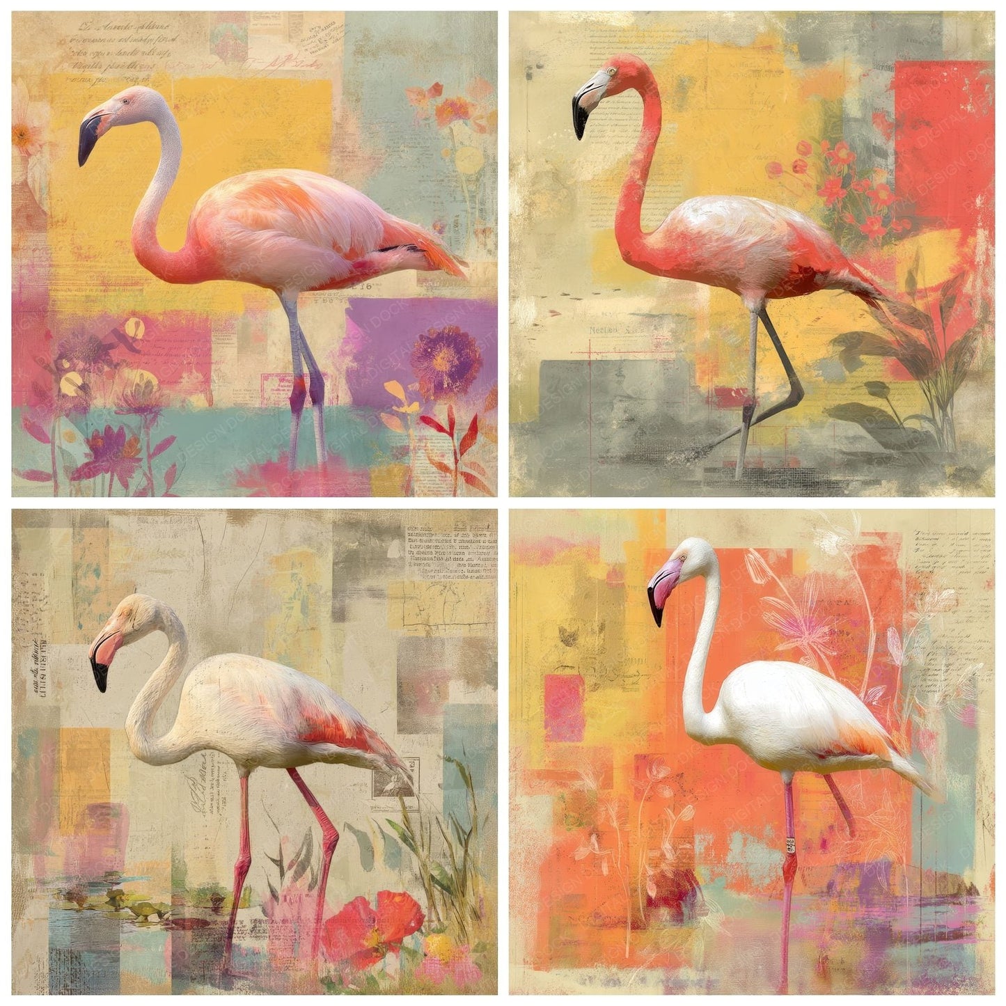 Collage Flamingo Wetland Texture Digital Paper Pack (DDD001063)
