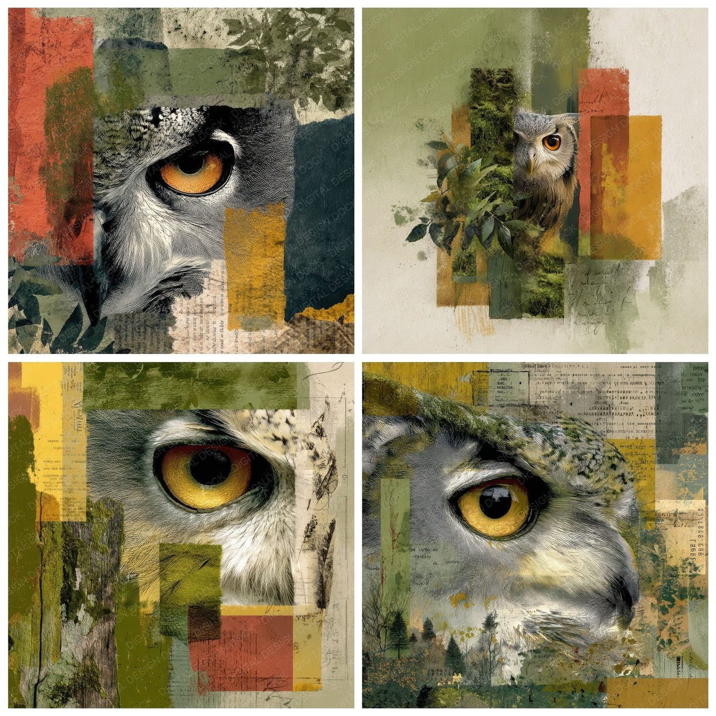 Collage Forest Owl Feathered Digital Paper Pack (DDD001065)