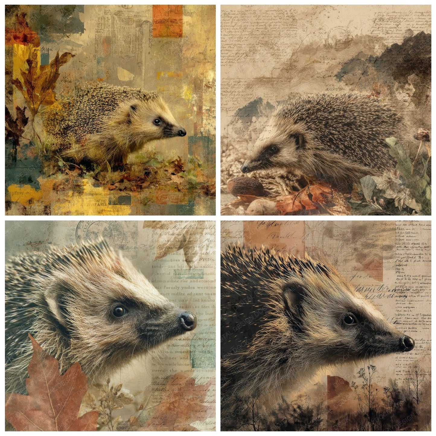 Collage Hedgehog Woodland Field Digital Paper Pack (DDD001073)