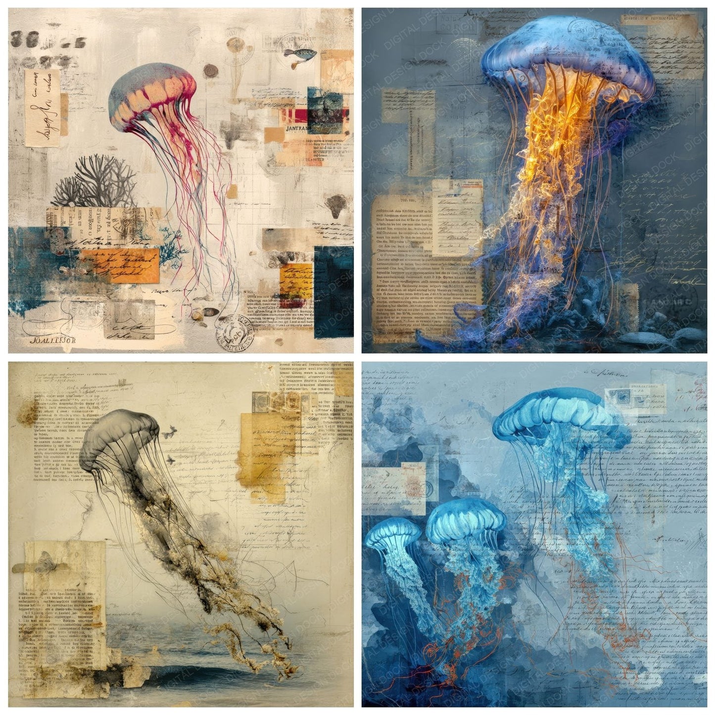 Collage Jellyfish Ocean Depth Digital Paper Pack (DDD001082)