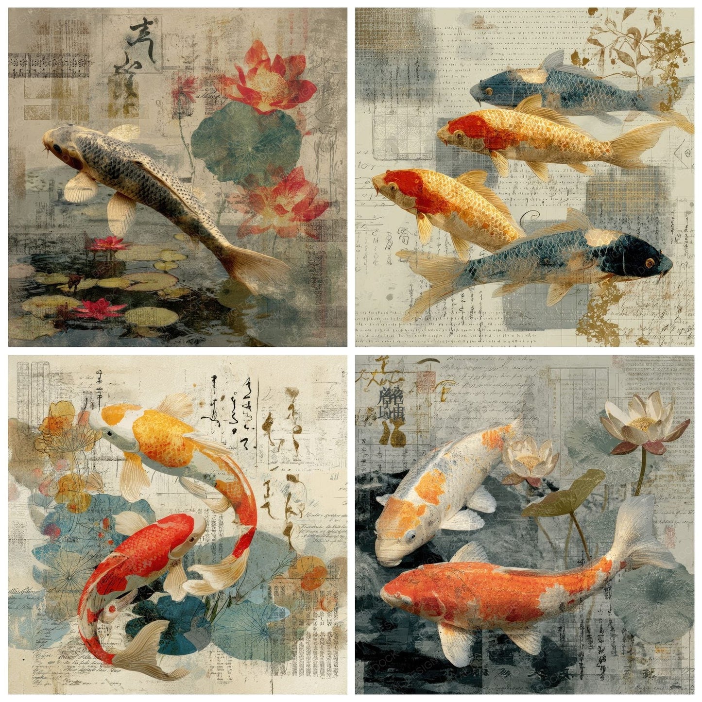 Collage Koi Fish Garden Pond Digital Paper Pack (DDD001084)