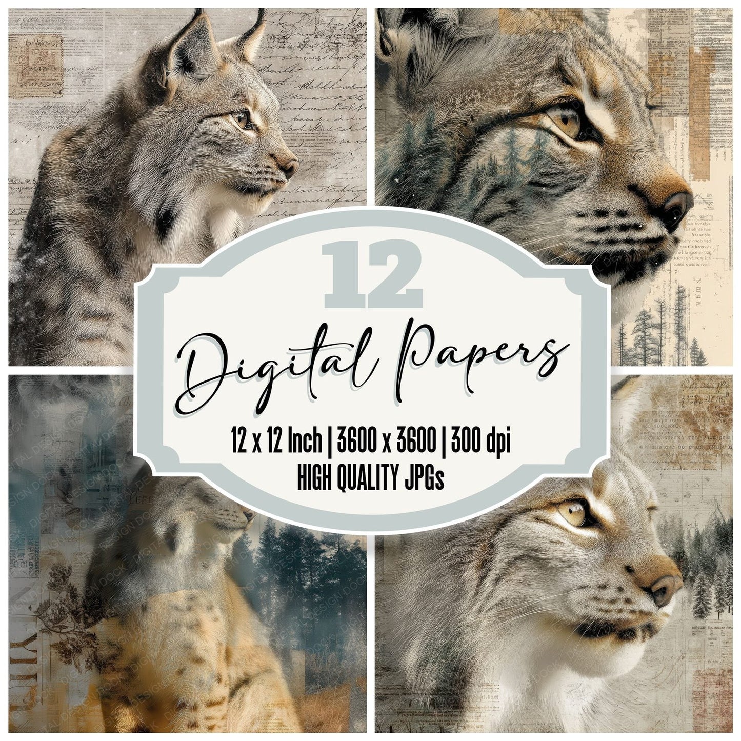 Collage Lynx Snowy Forest Digital Paper Pack (DDD001093)