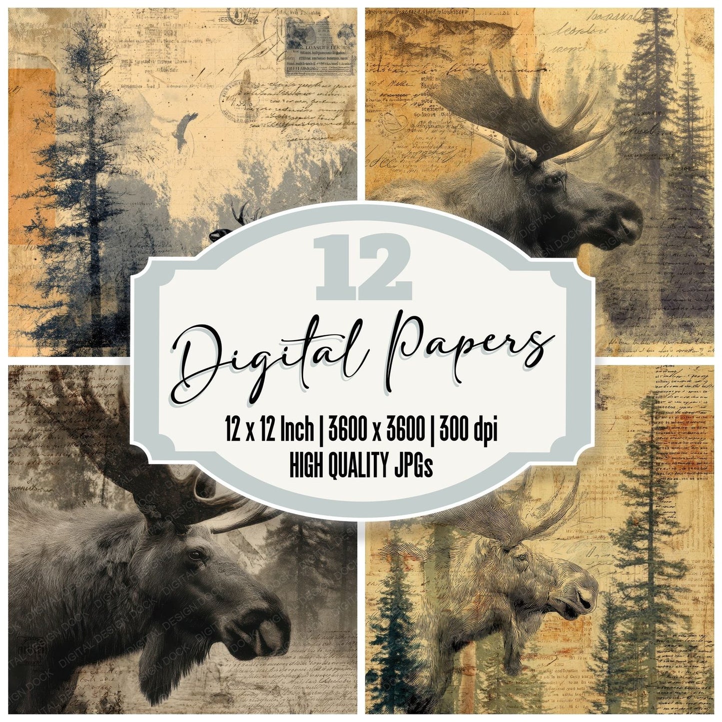 Collage Moose Boreal Habitat Digital Paper Pack (DDD001106)