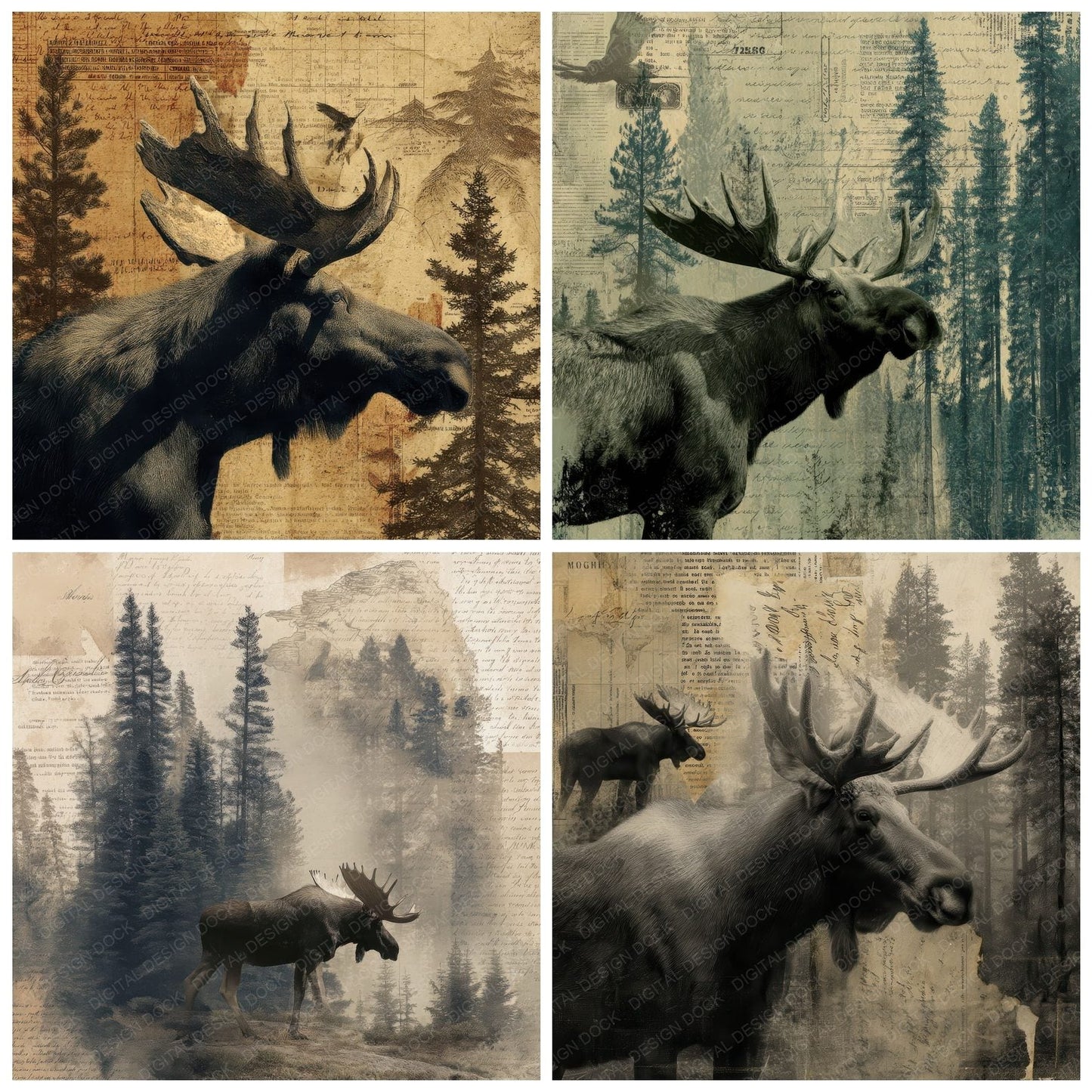 Collage Moose Boreal Habitat Digital Paper Pack (DDD001106)