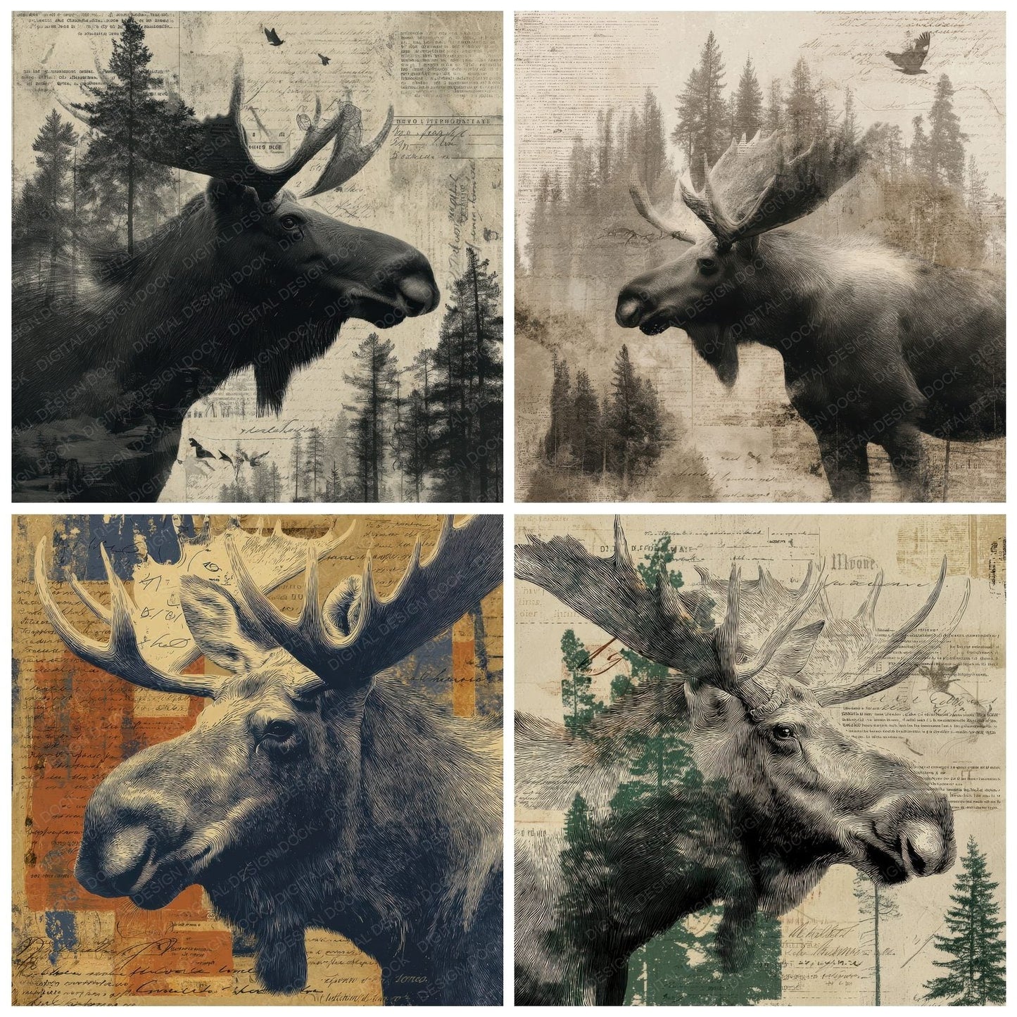 Collage Moose Boreal Habitat Digital Paper Pack (DDD001106)