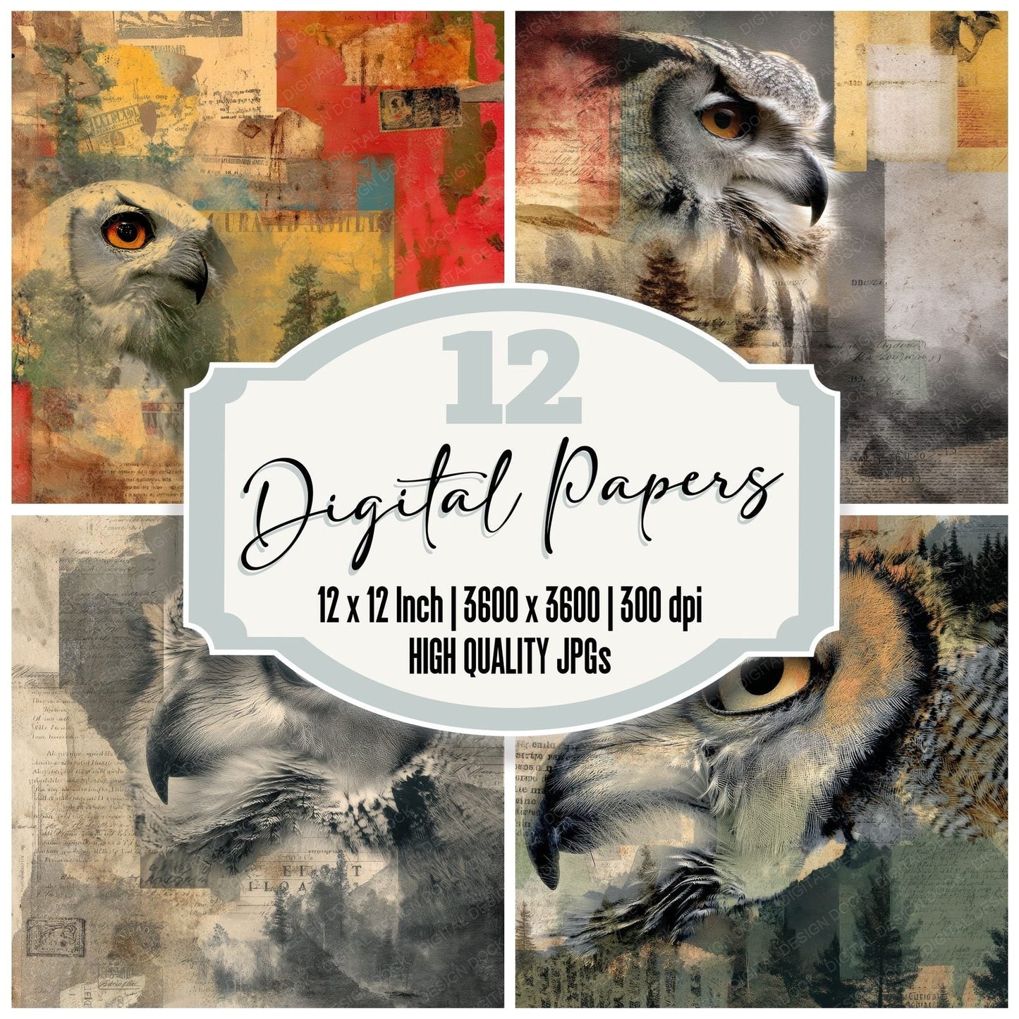 Collage Owl Woodland Abstract Digital Paper Pack (DDD001120)