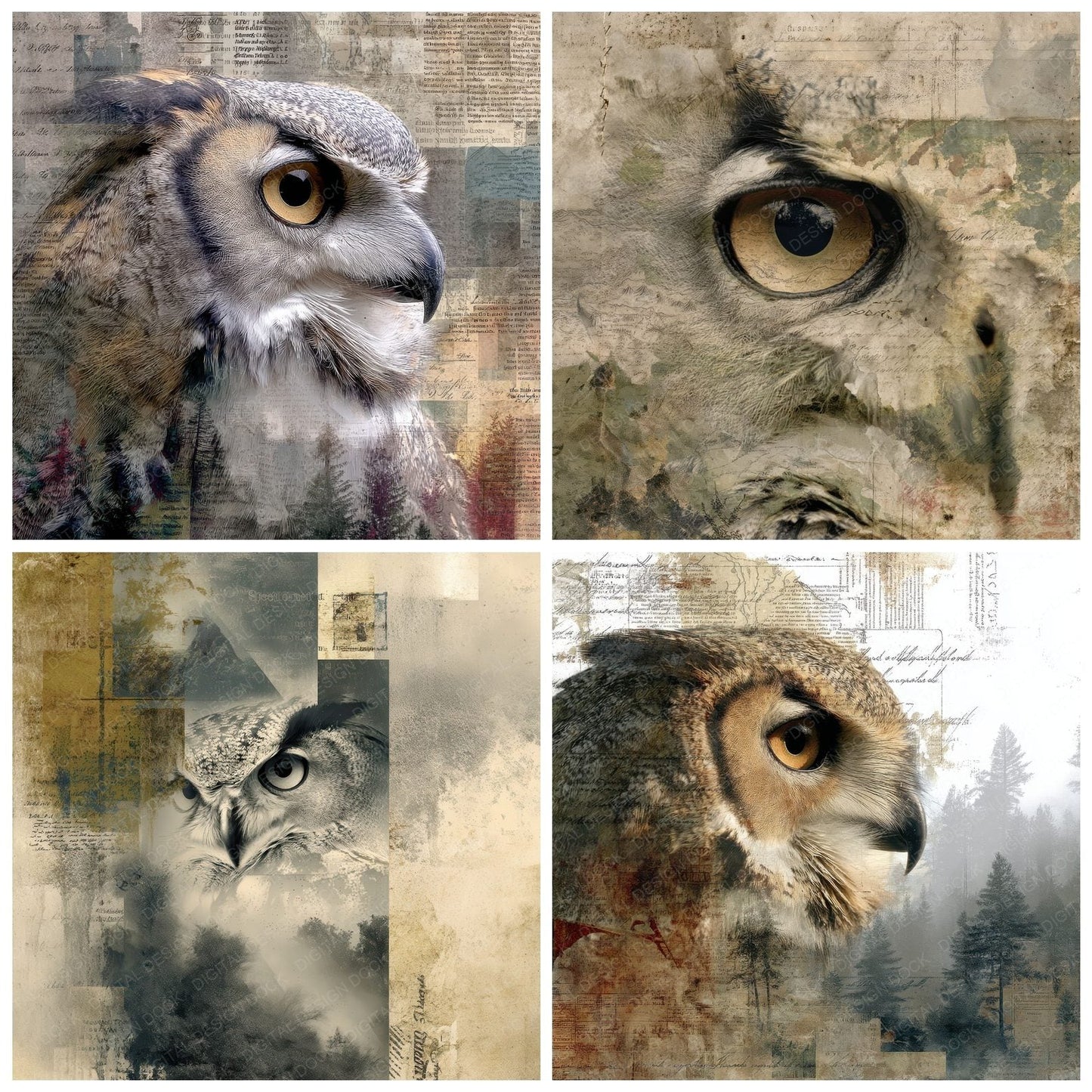 Collage Owl Woodland Abstract Digital Paper Pack (DDD001120)