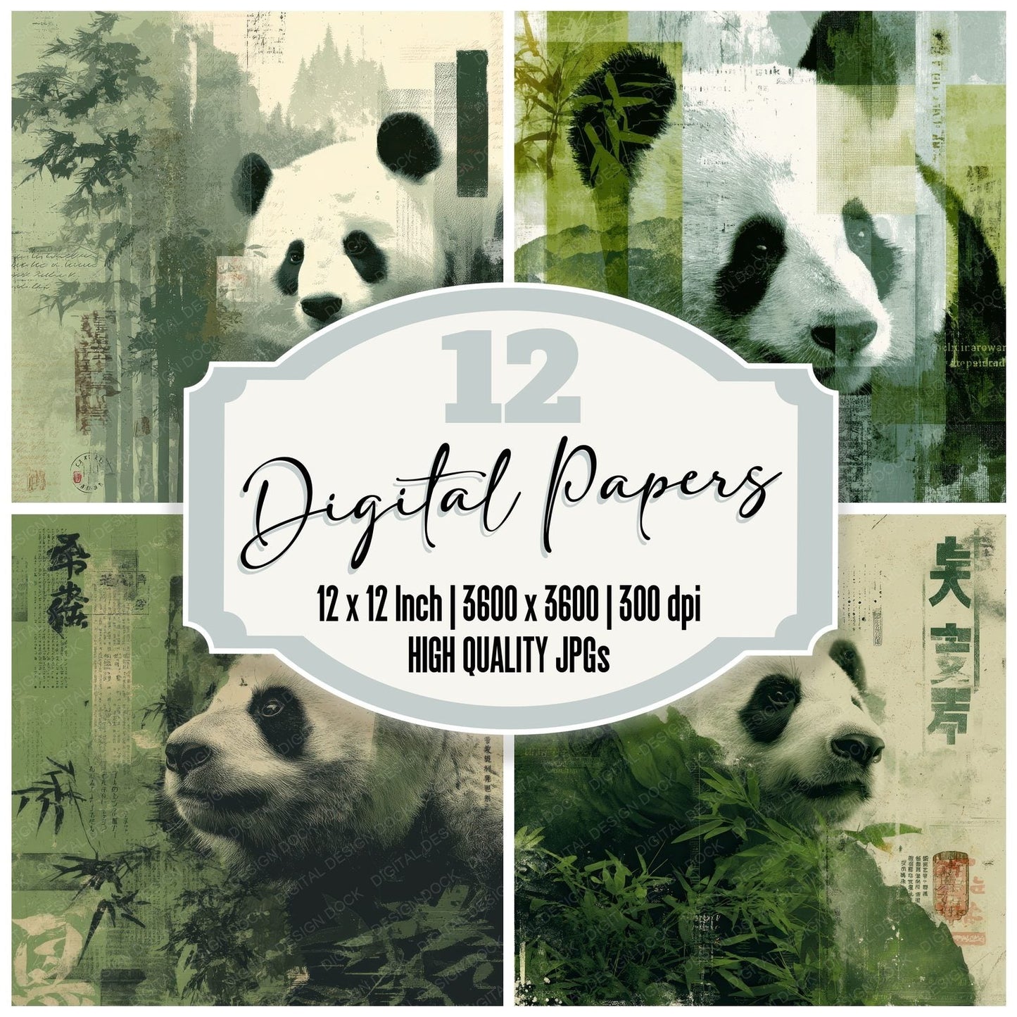 Collage Panda Chinese Forest Digital Paper Pack (DDD001123)