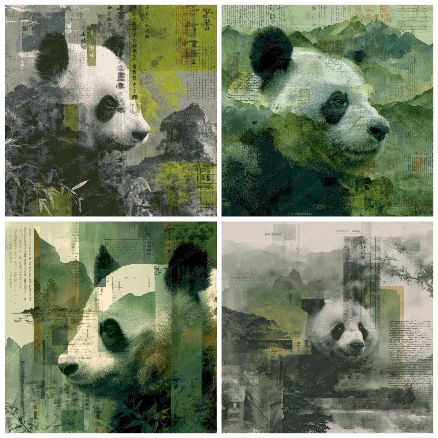 Collage Panda Chinese Forest Digital Paper Pack (DDD001123)