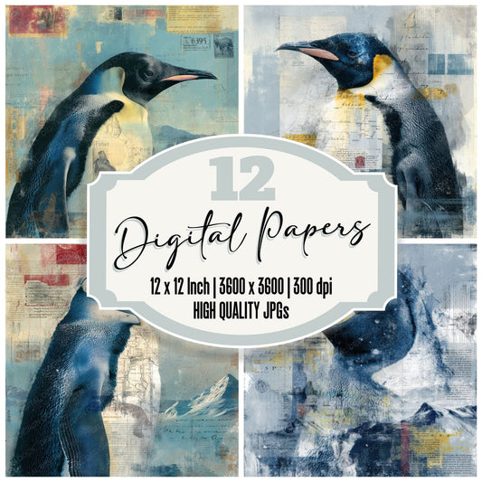 Collage Penguin Antarctic Abstract Digital Paper Pack (DDD001131)