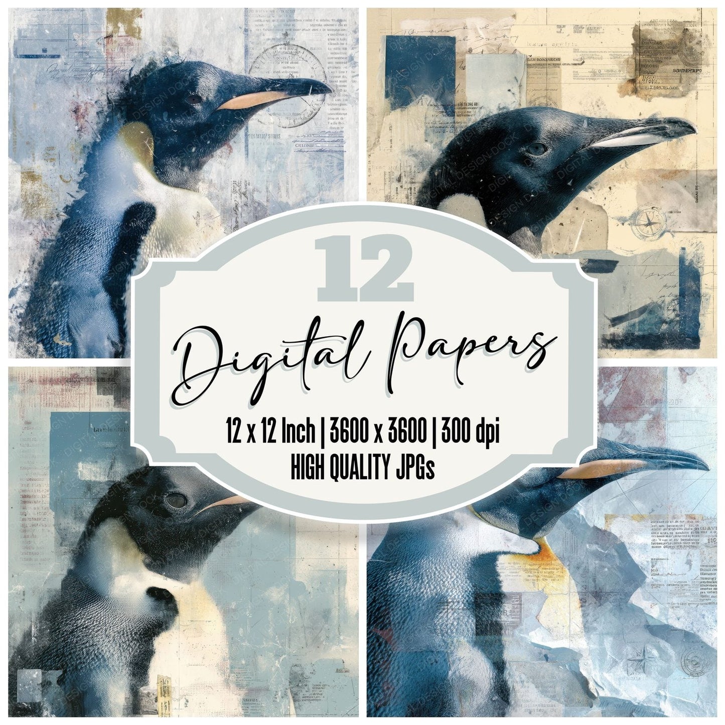 Collage Penguin Antarctic Chart Digital Paper Pack (DDD001132)