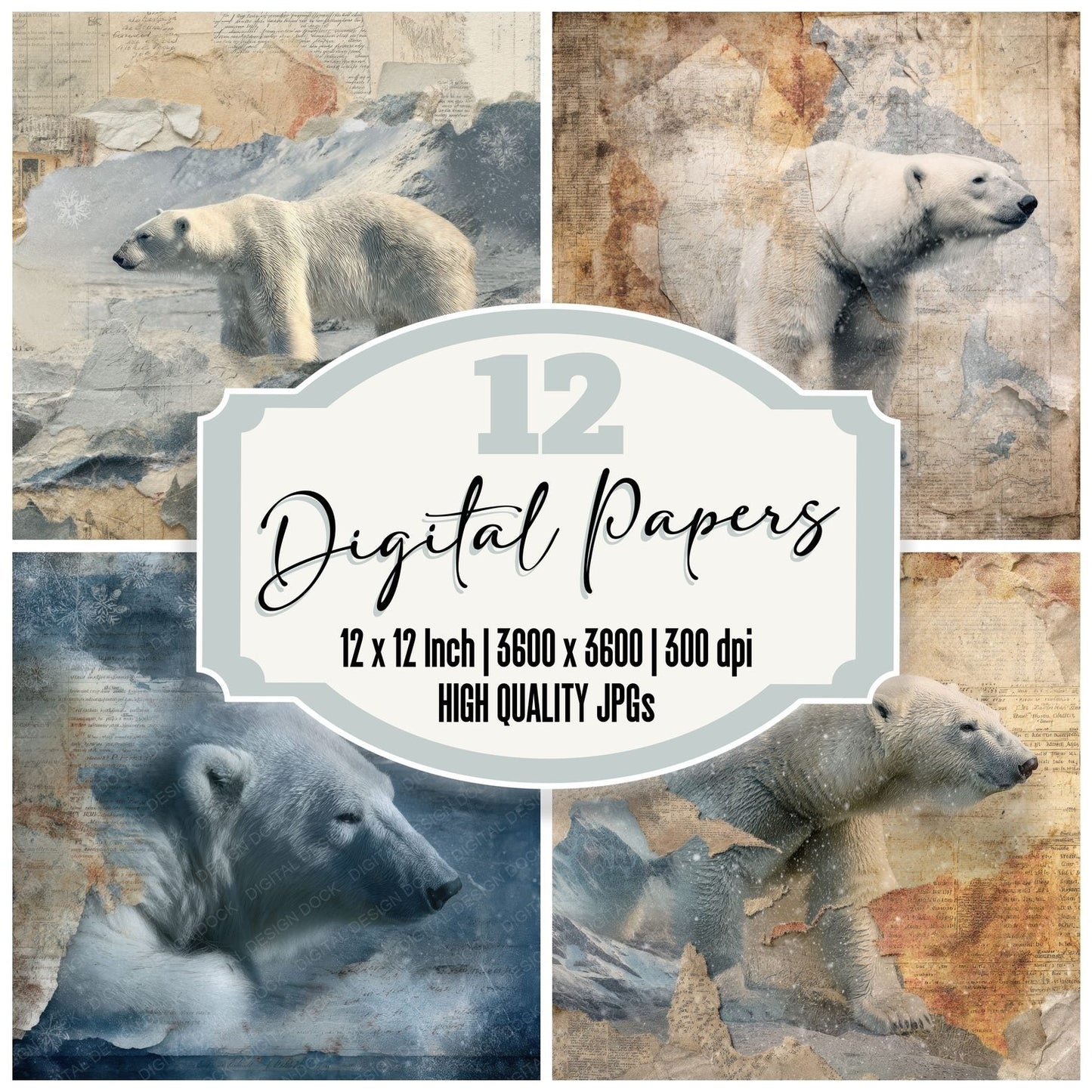Collage Polar Bear Arctic Map Digital Paper Pack (DDD001134)