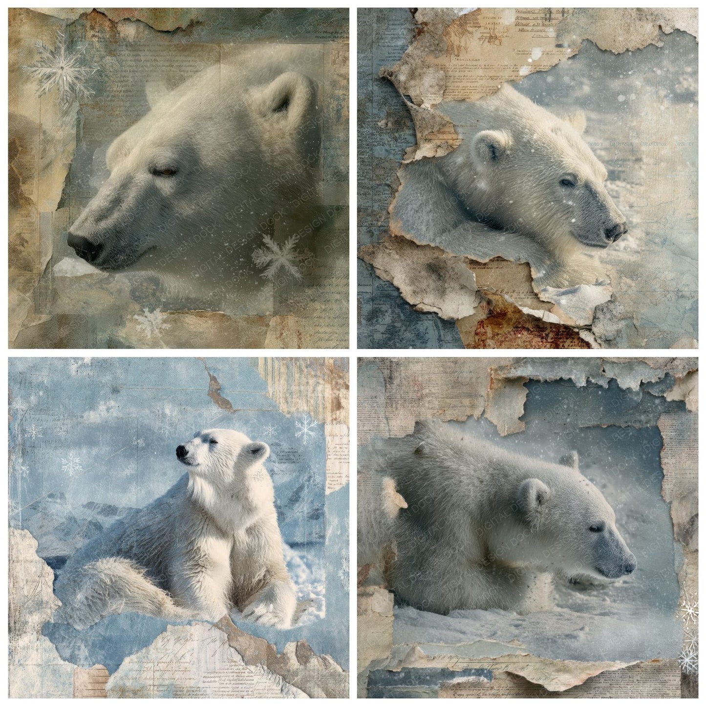 Collage Polar Bear Arctic Map Digital Paper Pack (DDD001134)
