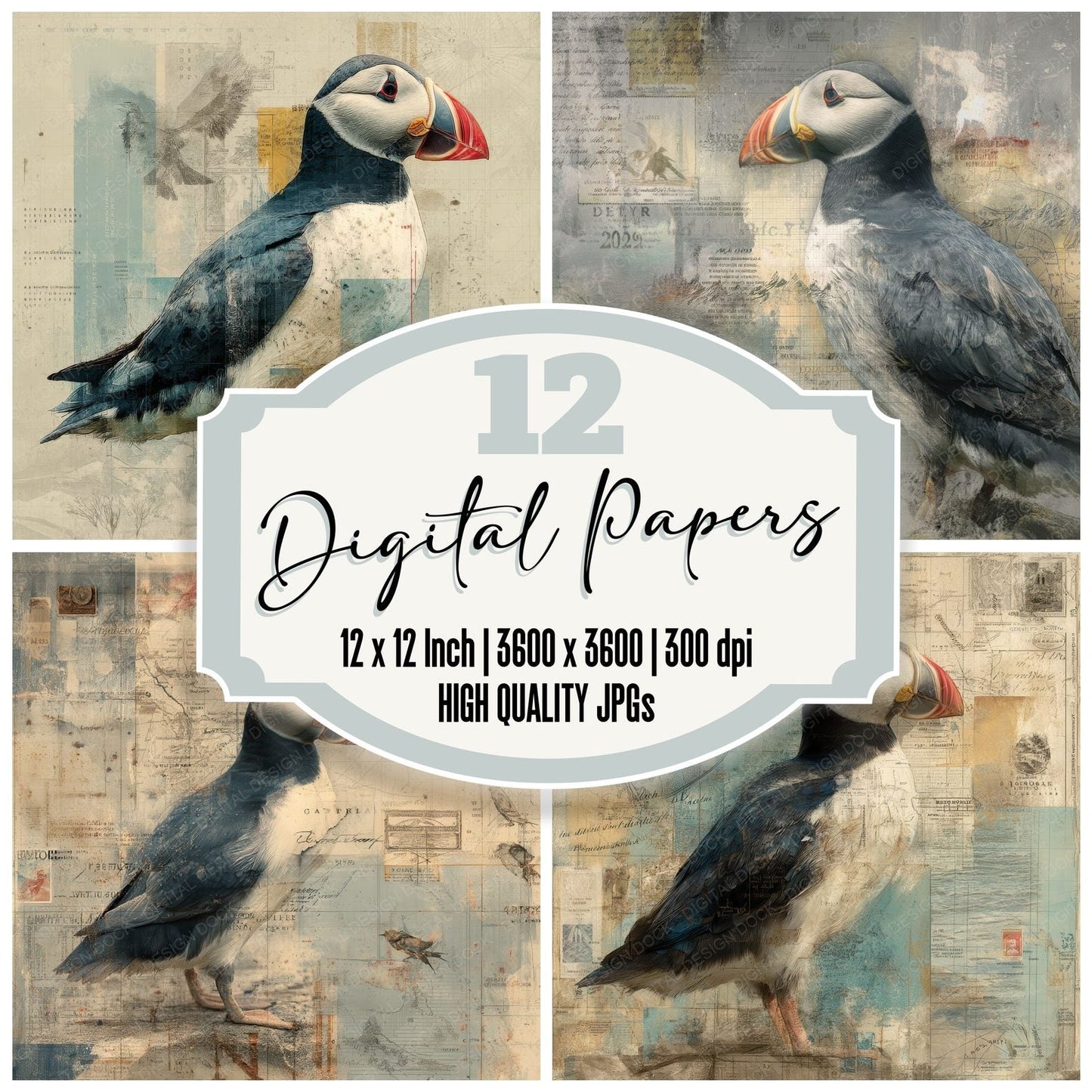 Collage Puffin Iceland Coastal Digital Paper Pack (DDD001135)