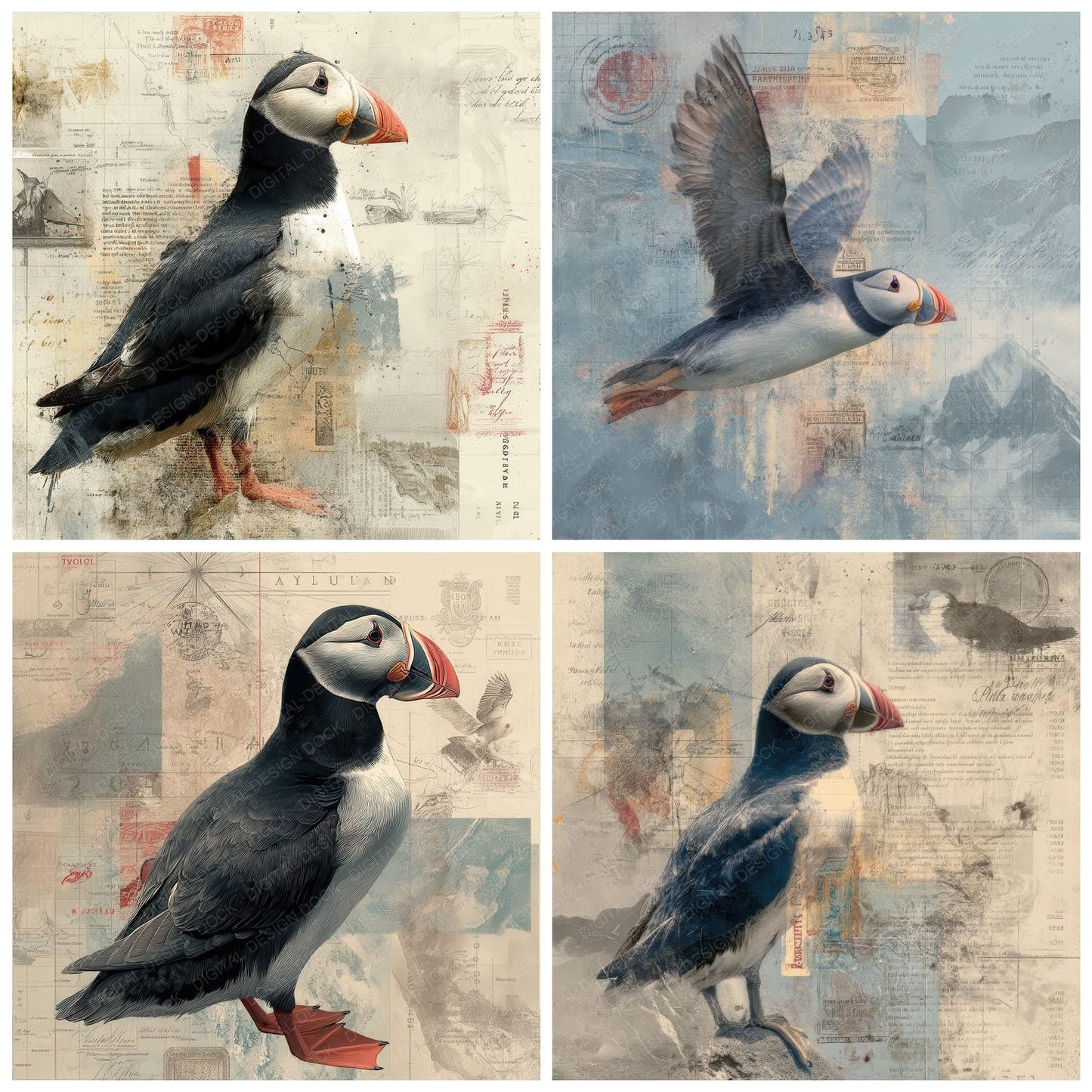 Collage Puffin Iceland Coastal Digital Paper Pack (DDD001135)