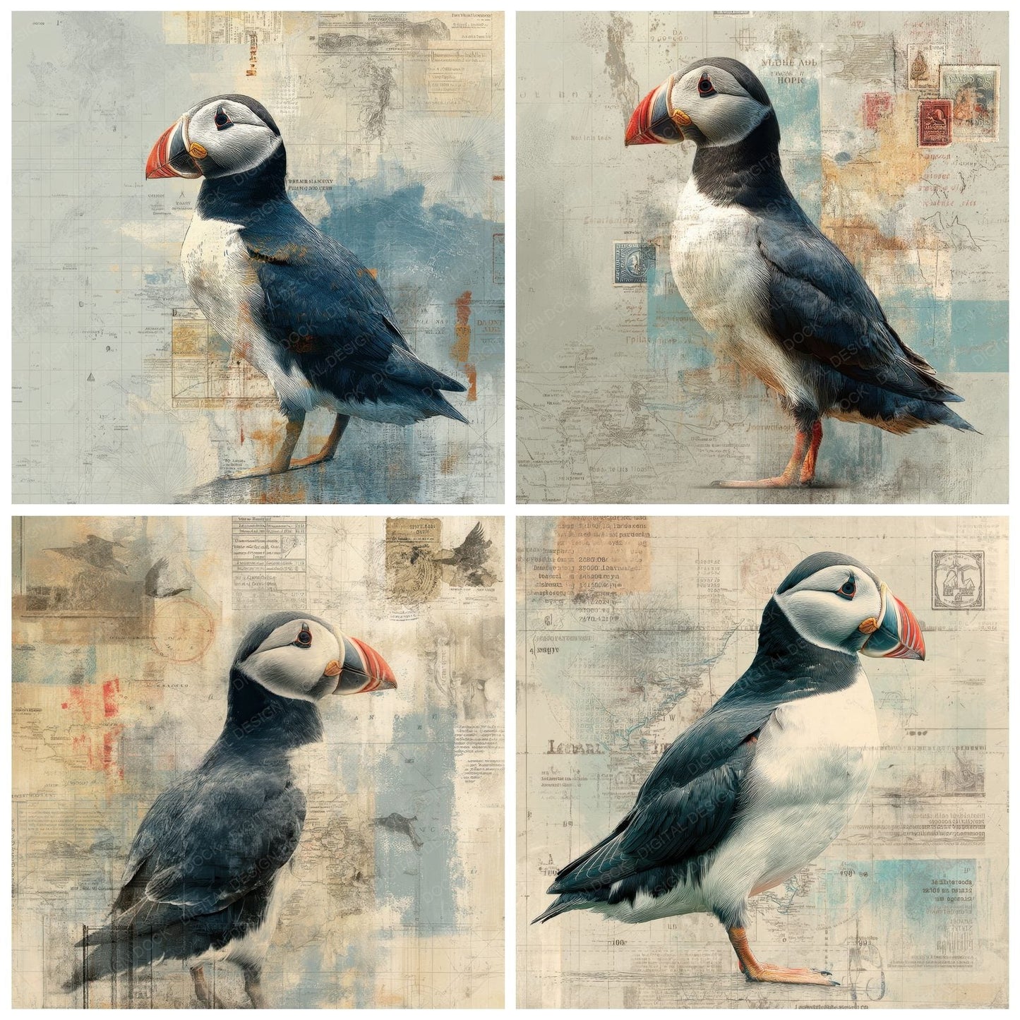 Collage Puffin Iceland Coastal Digital Paper Pack (DDD001135)
