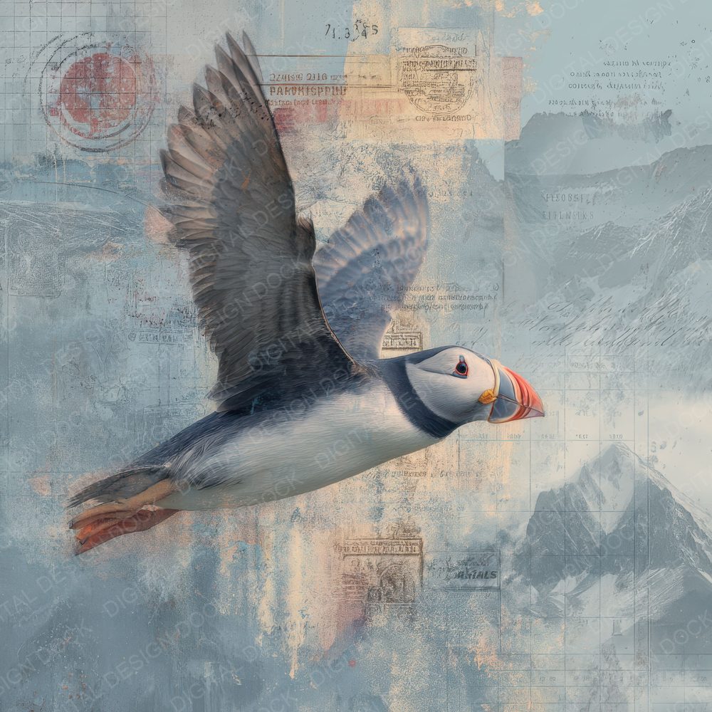 Collage Puffin Iceland Coastal Digital Paper Pack (DDD001135)