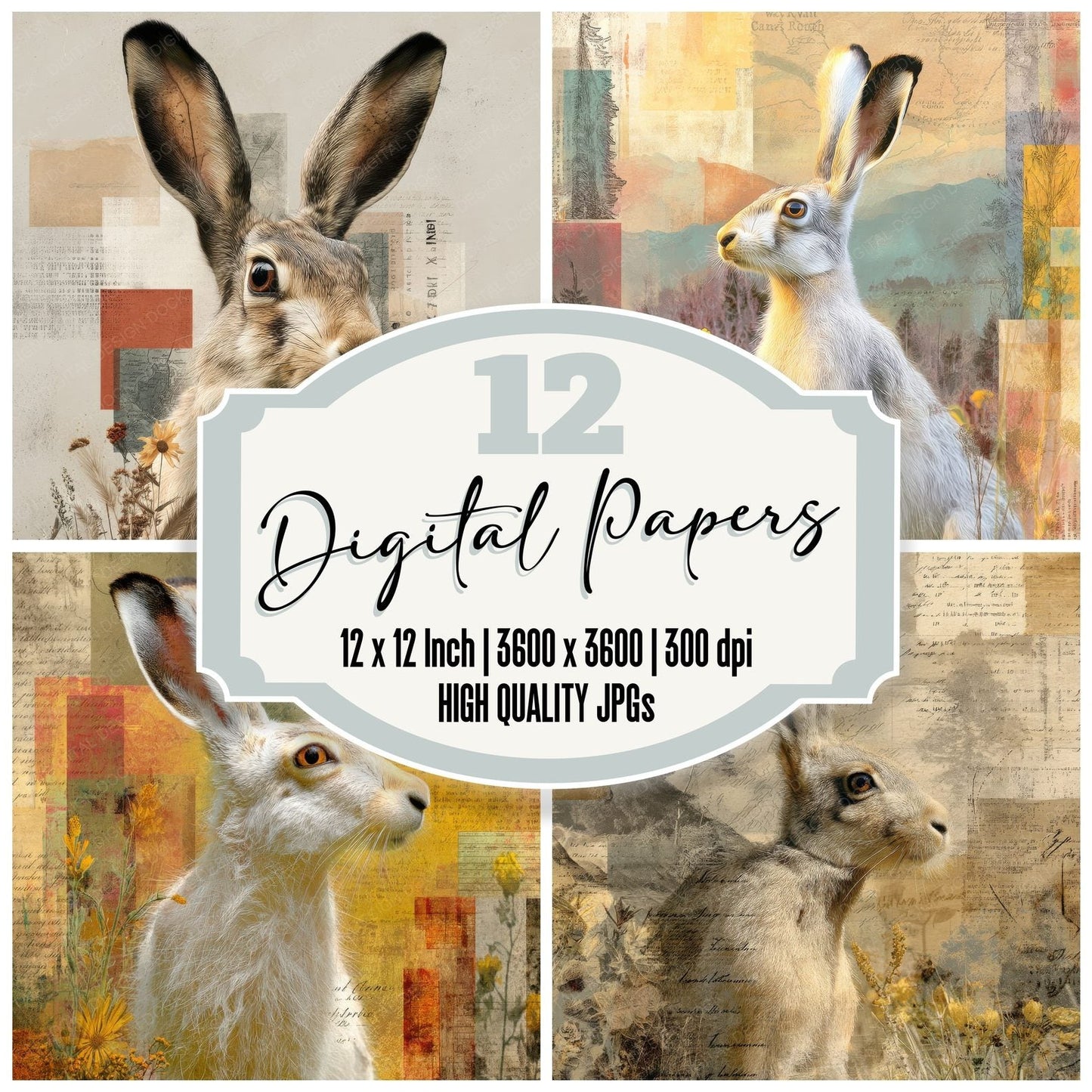 Collage Rabbit Meadow Garden Digital Paper Pack (DDD001136)
