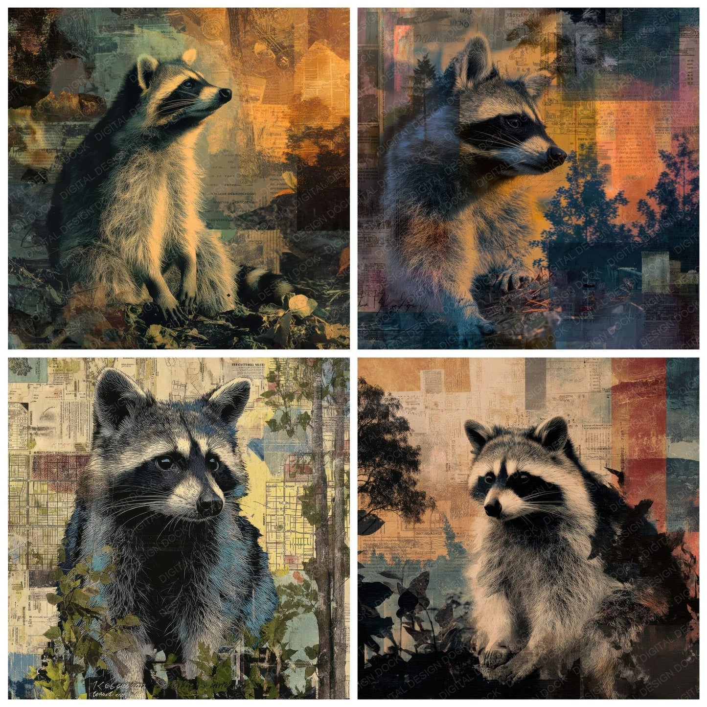 Collage Raccoon Urban Suburbs Digital Paper Pack (DDD001137)