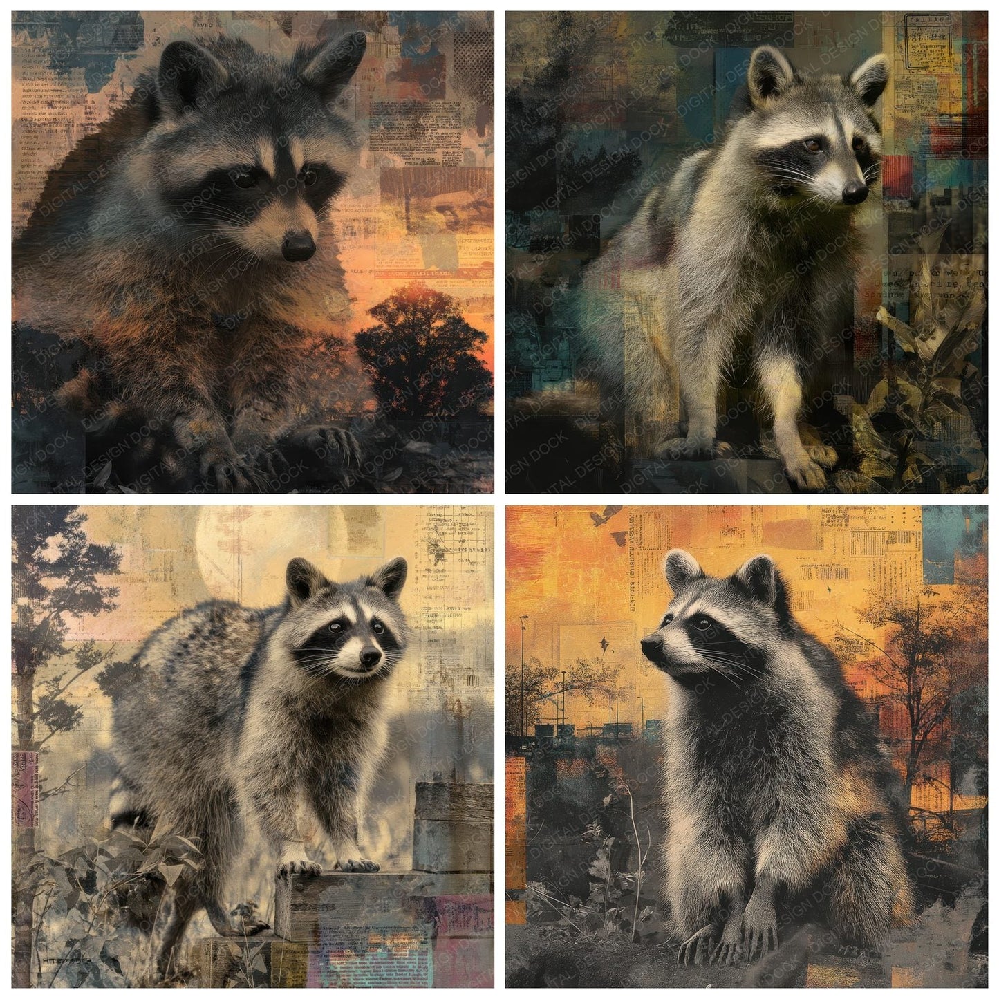 Collage Raccoon Urban Suburbs Digital Paper Pack (DDD001137)