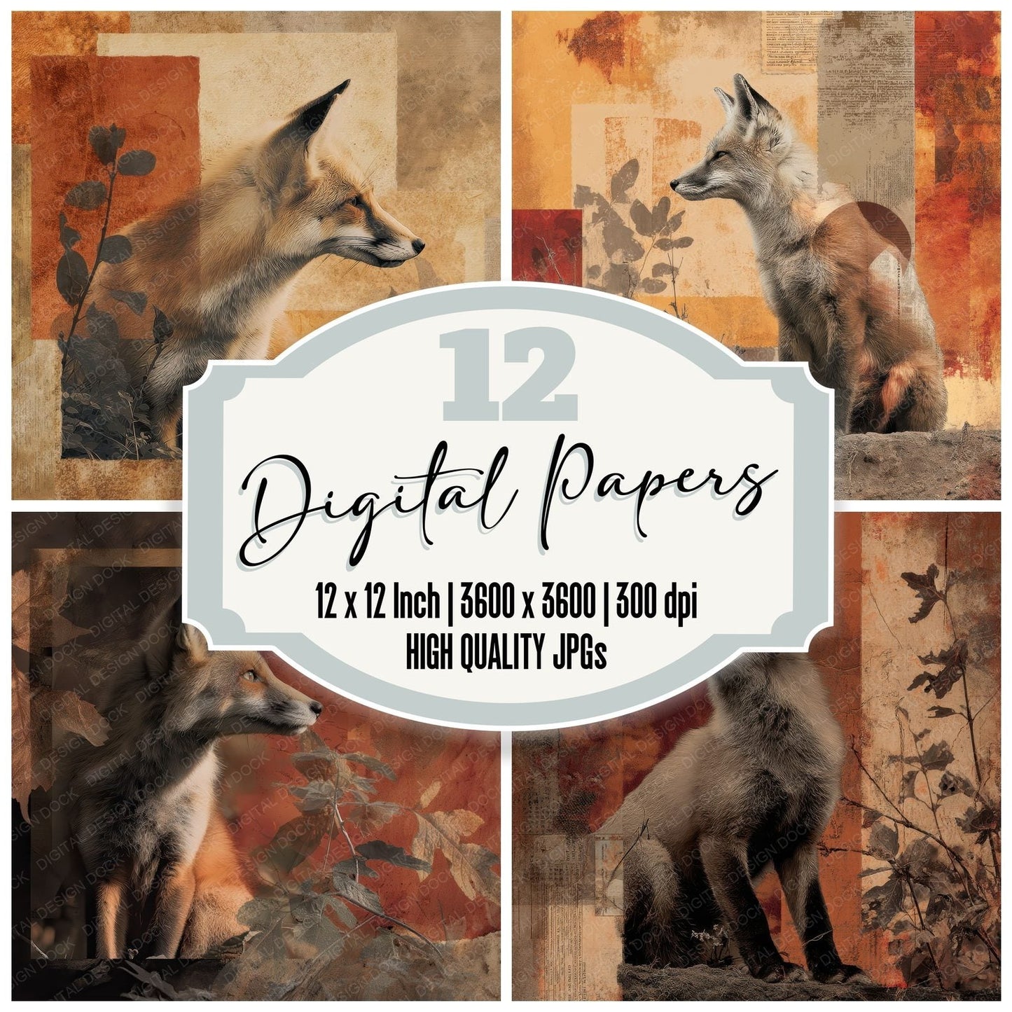 Collage Red Fox Forest Texture Digital Paper Pack (DDD001141)