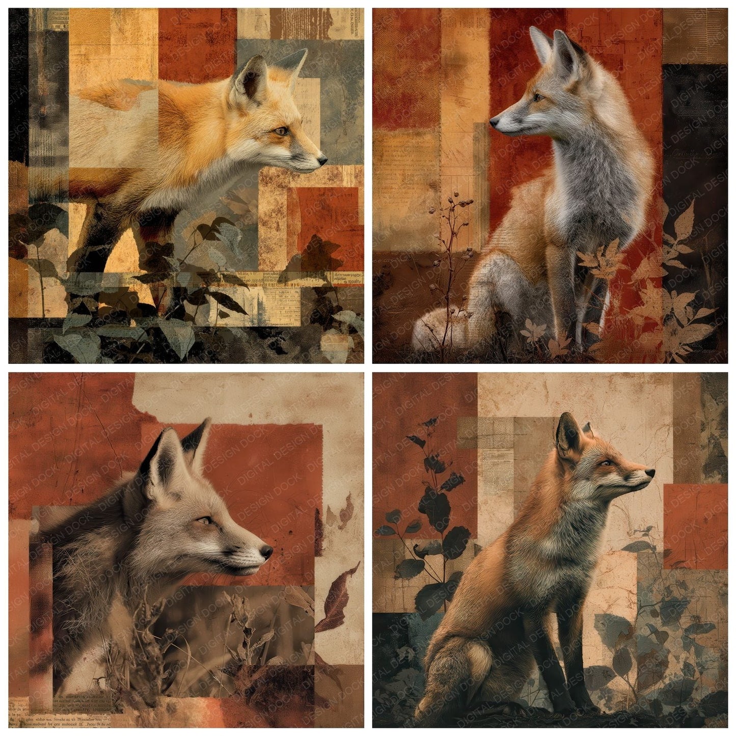 Collage Red Fox Forest Texture Digital Paper Pack (DDD001141)