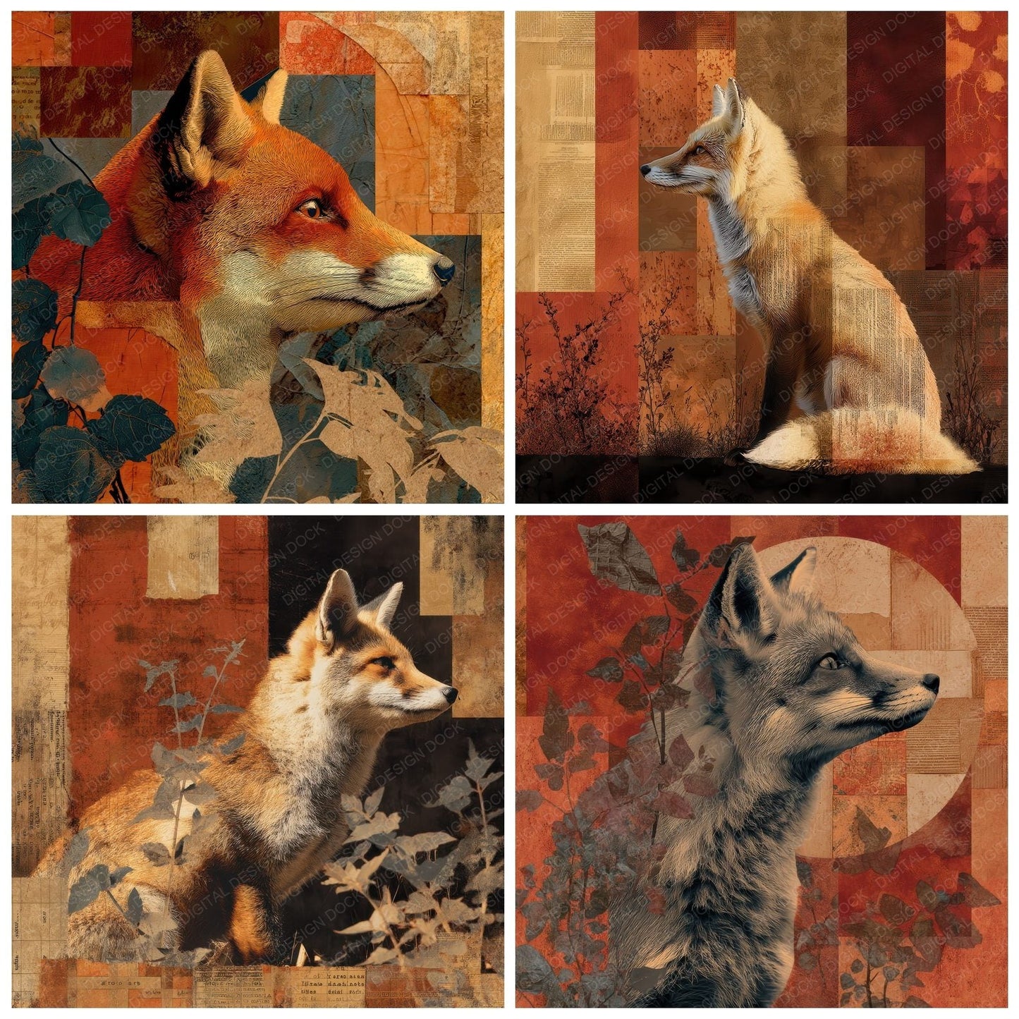 Collage Red Fox Forest Texture Digital Paper Pack (DDD001141)