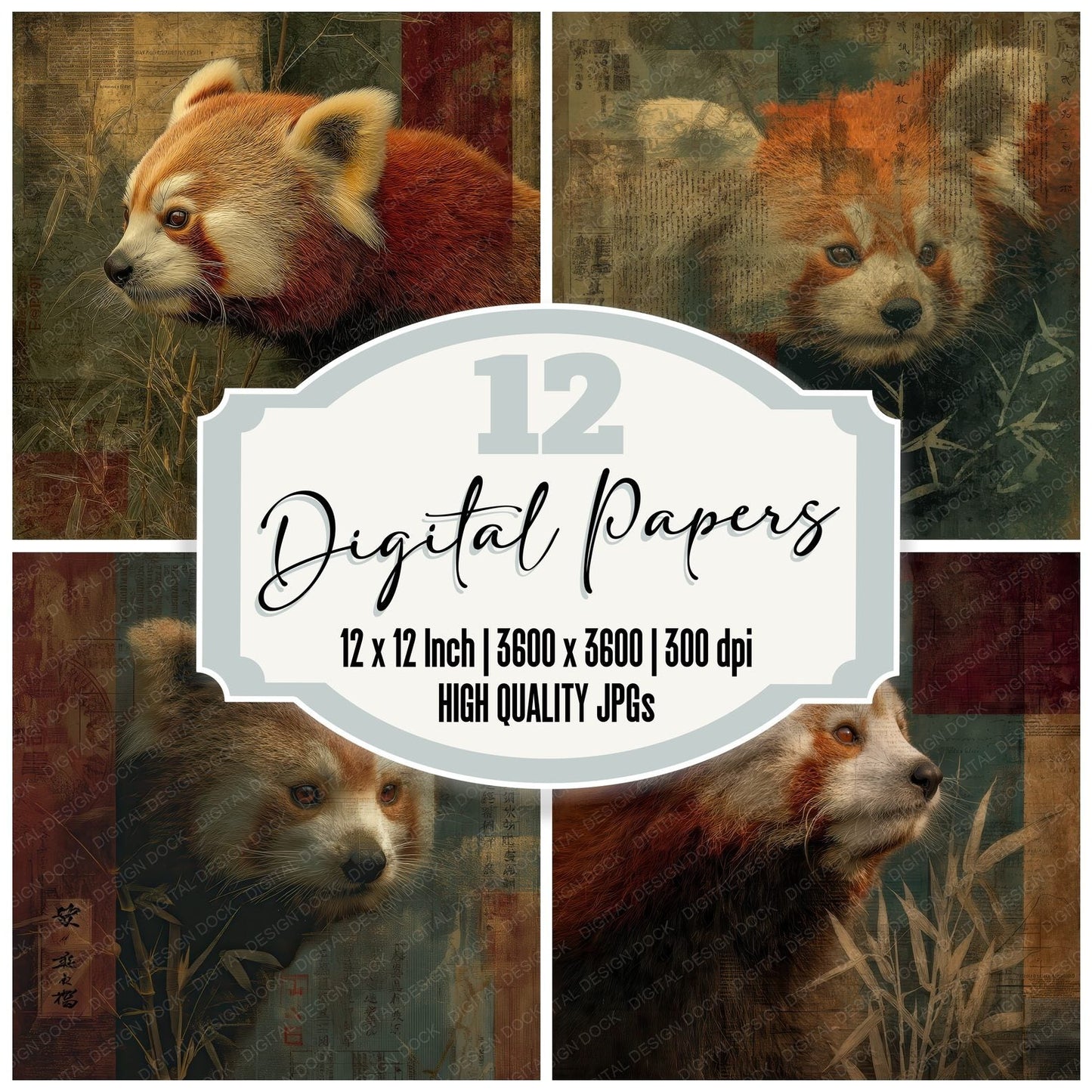 Collage Red Panda Himalayan Map Digital Paper Pack (DDD001142)
