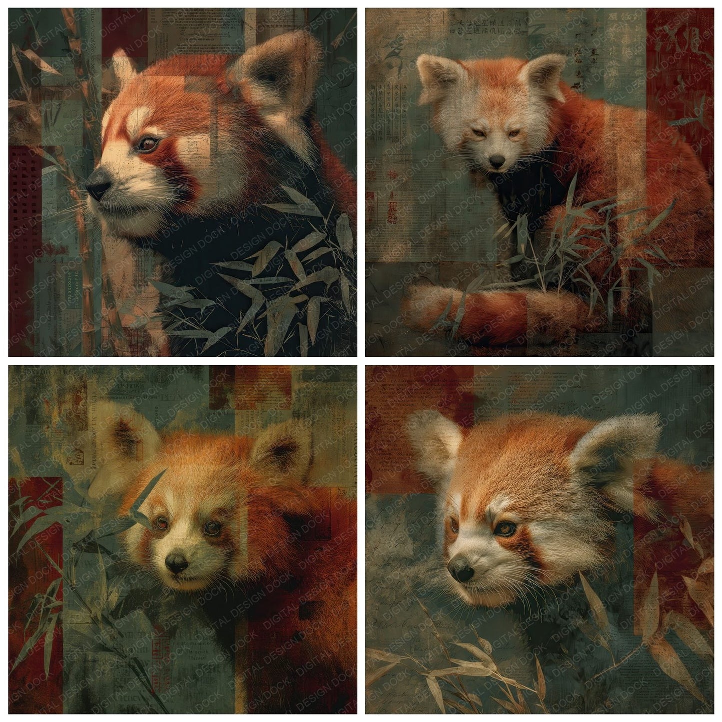 Collage Red Panda Himalayan Map Digital Paper Pack (DDD001142)