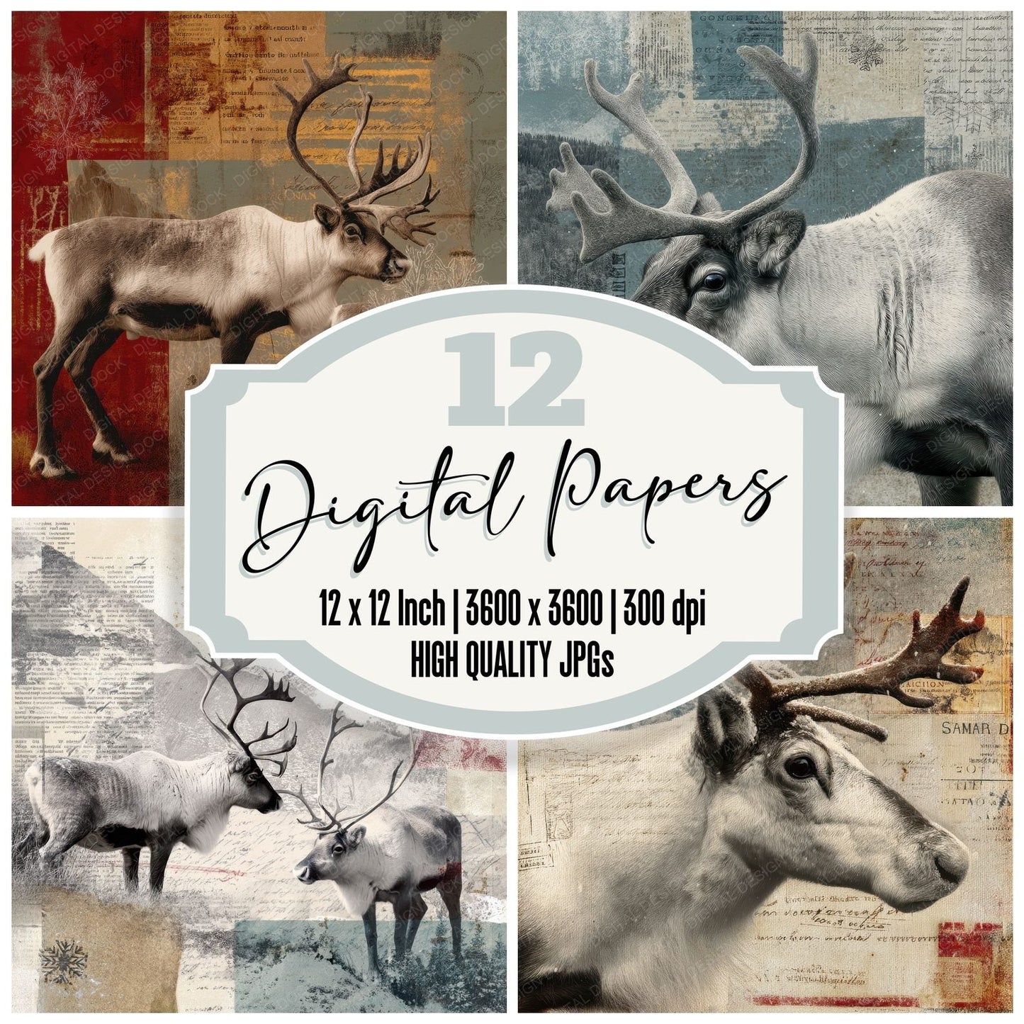 Collage Reindeer Nordic Habitat Digital Paper Pack (DDD001143)