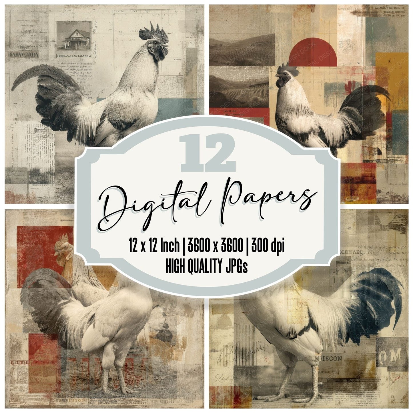 Collage Rooster Rural Fields Digital Paper Pack (DDD001147)