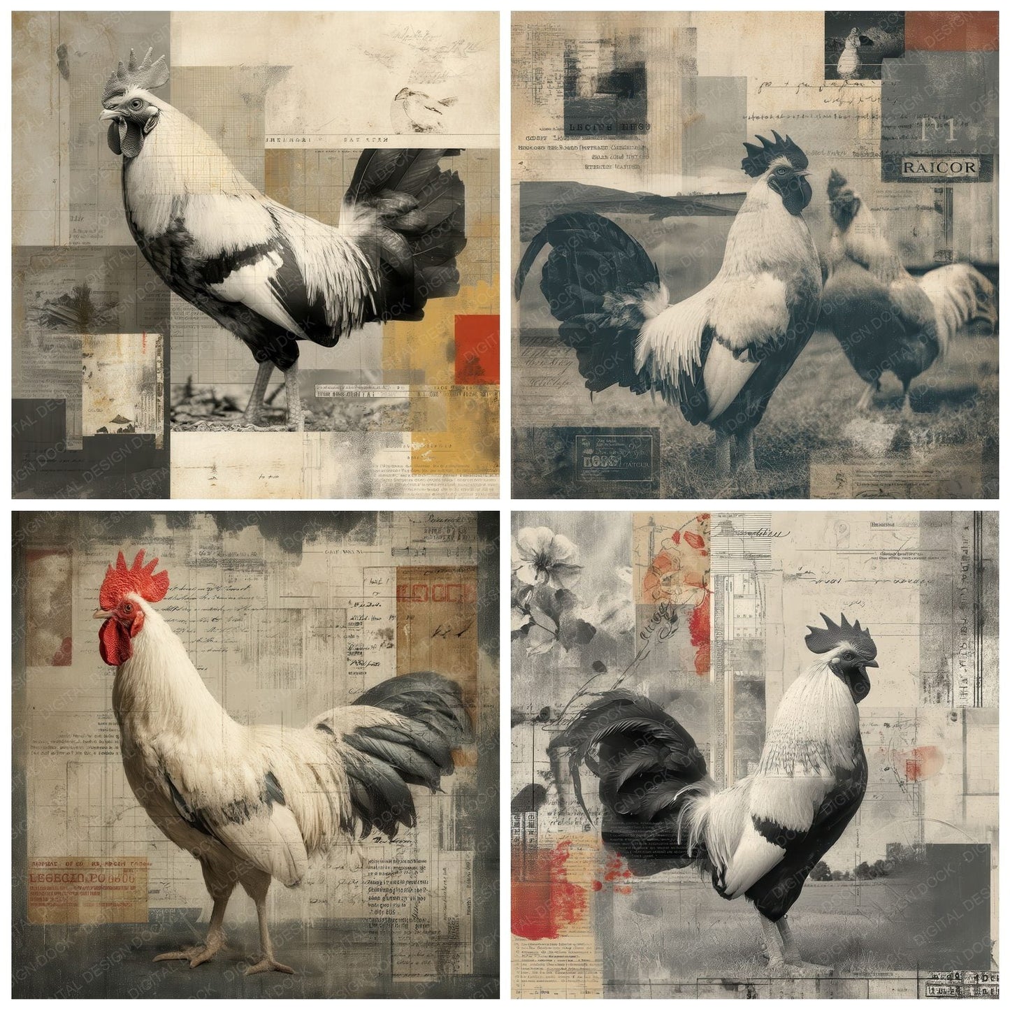 Collage Rooster Rural Fields Digital Paper Pack (DDD001147)