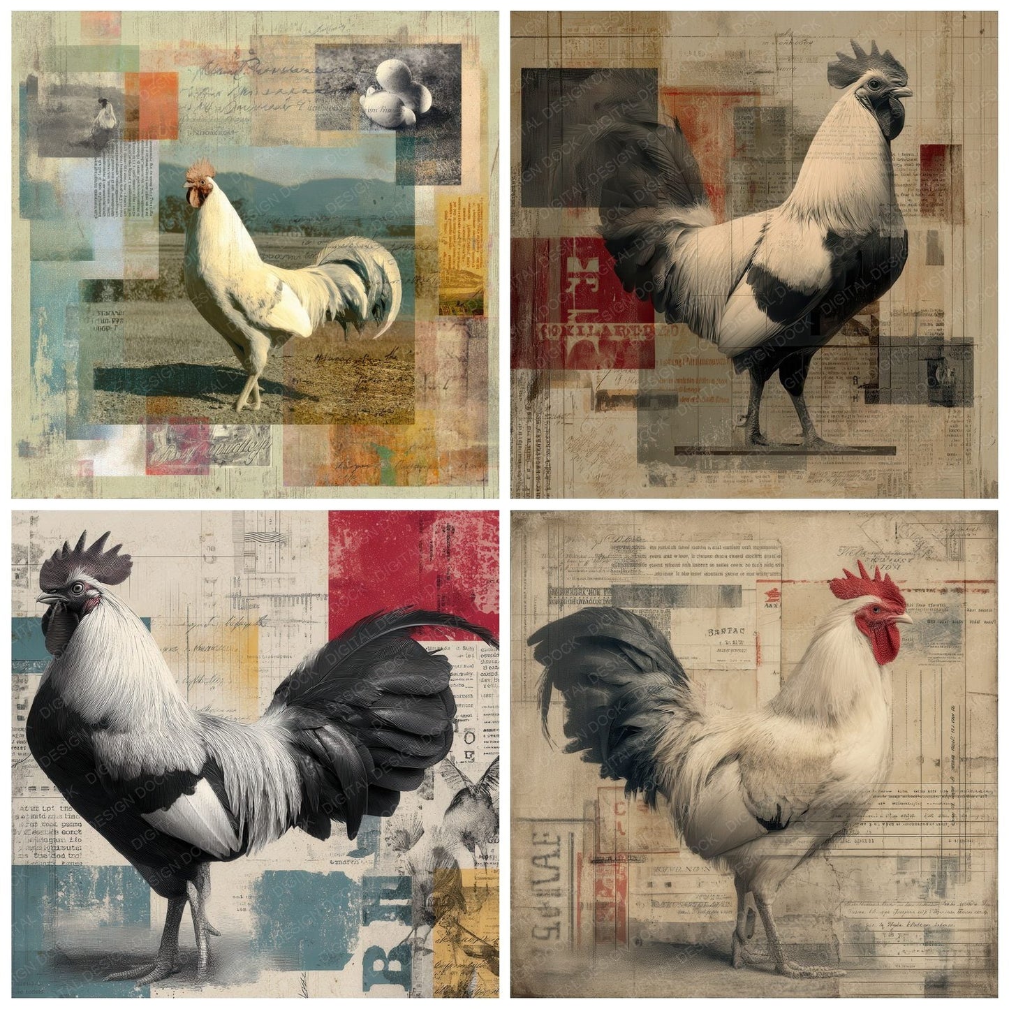 Collage Rooster Rural Fields Digital Paper Pack (DDD001147)