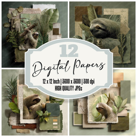 Collage Sloth Rainforest Texture Digital Paper Pack (DDD001155)