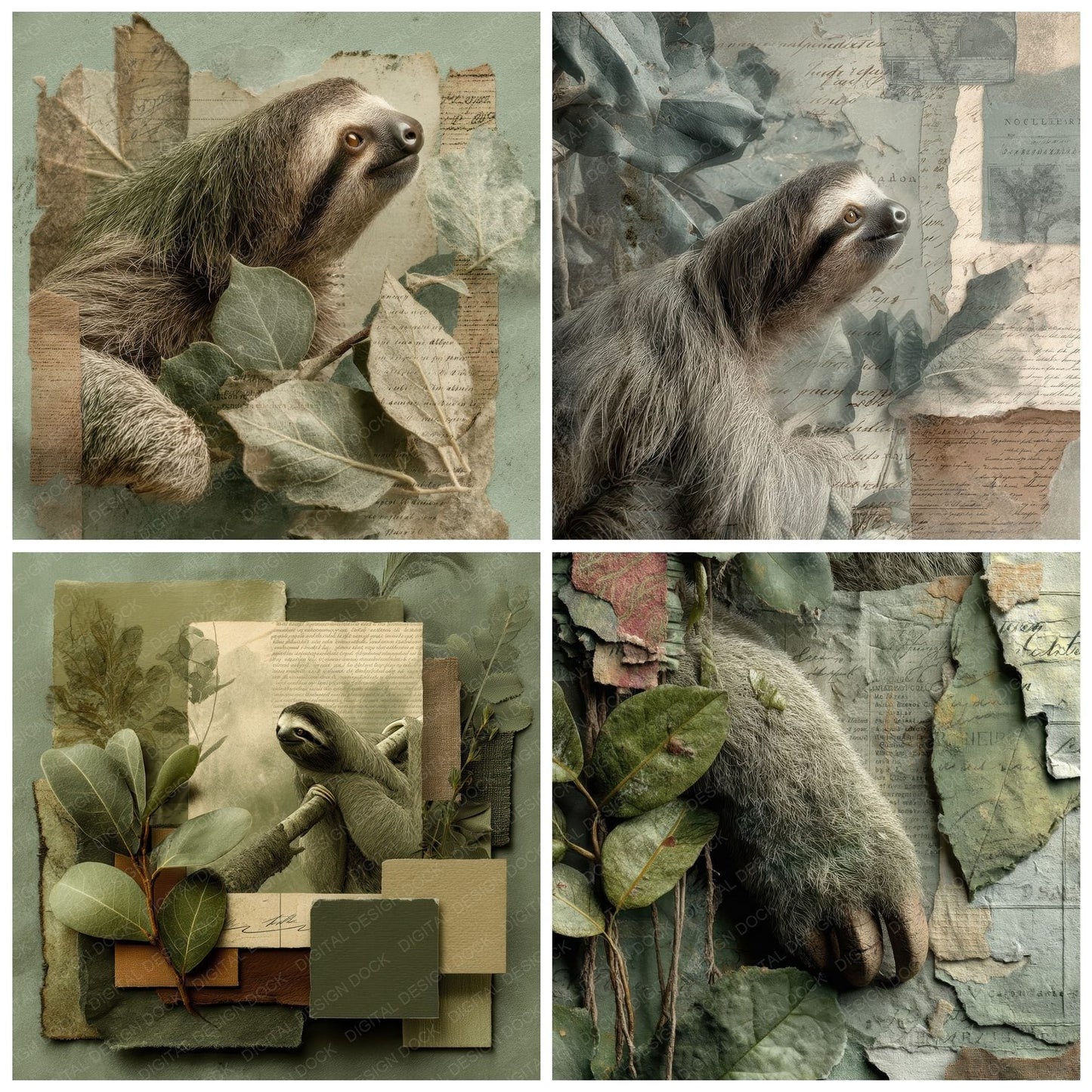 Collage Sloth Rainforest Texture Digital Paper Pack (DDD001155)