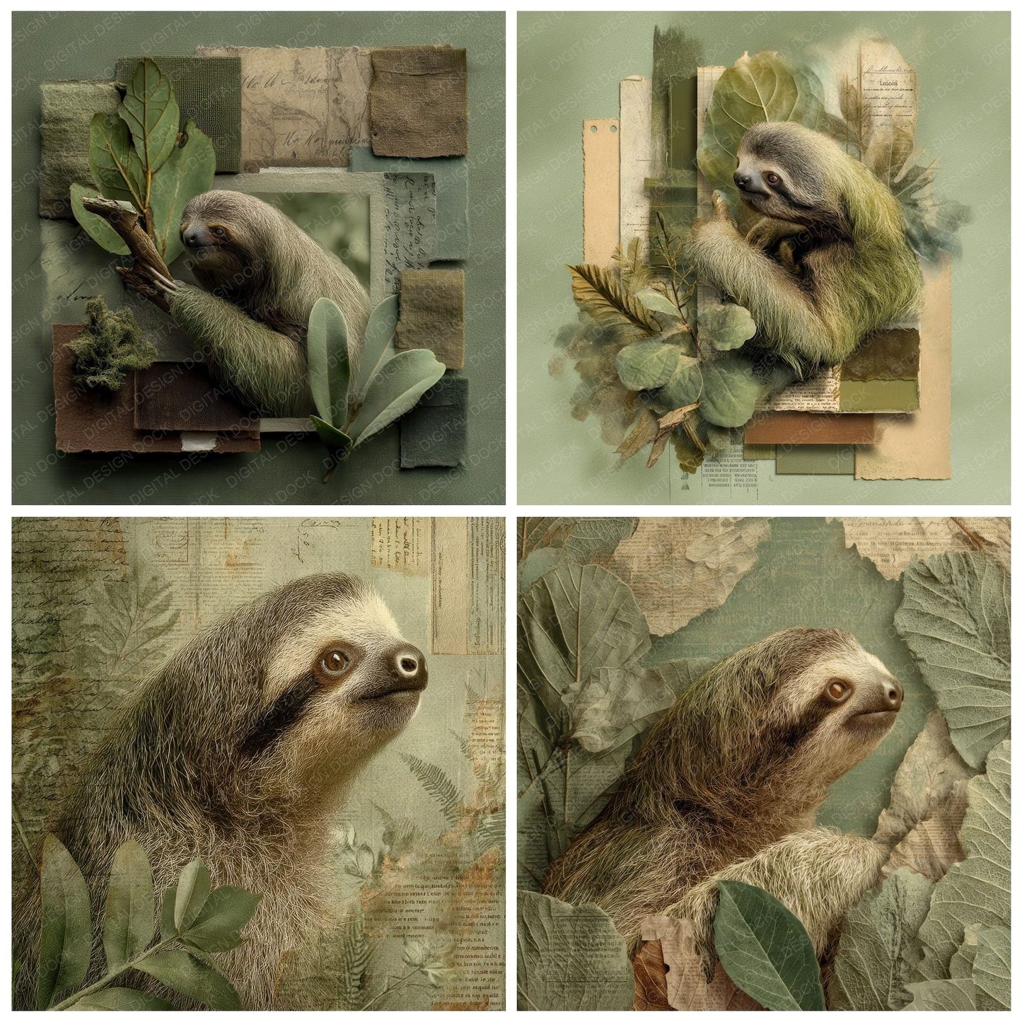 Collage Sloth Rainforest Texture Digital Paper Pack (DDD001155)