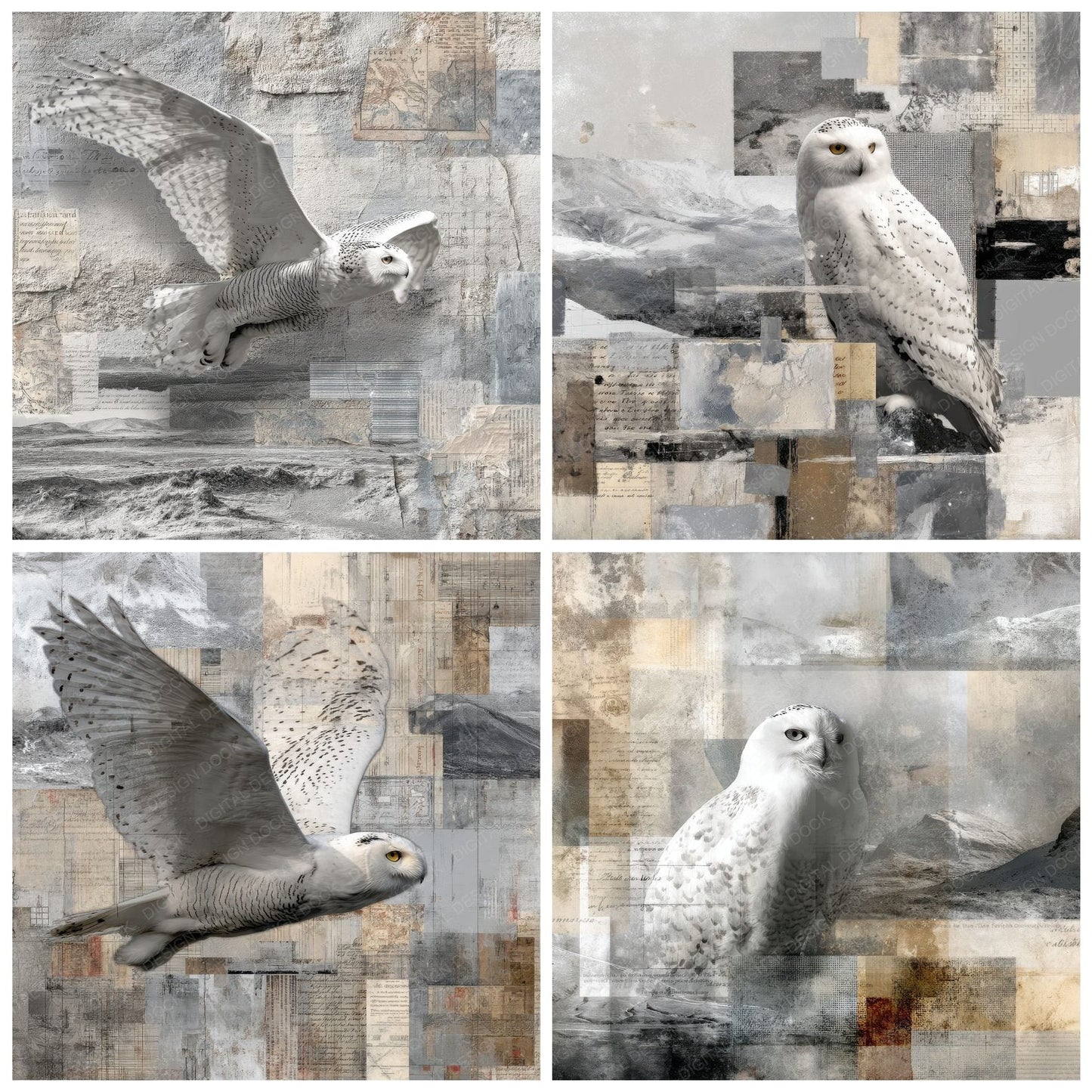 Collage Snowy Owl Arctic Map Digital Paper Pack (DDD001157)