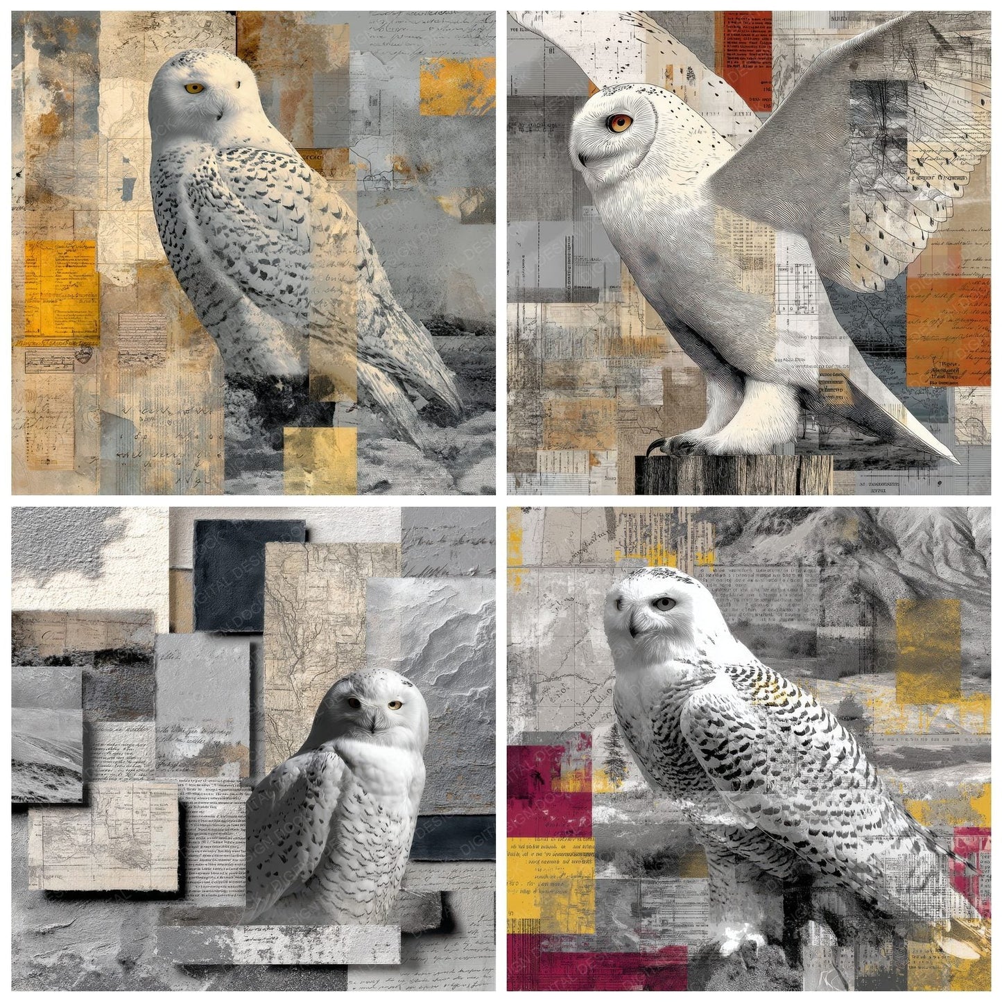 Collage Snowy Owl Arctic Map Digital Paper Pack (DDD001157)
