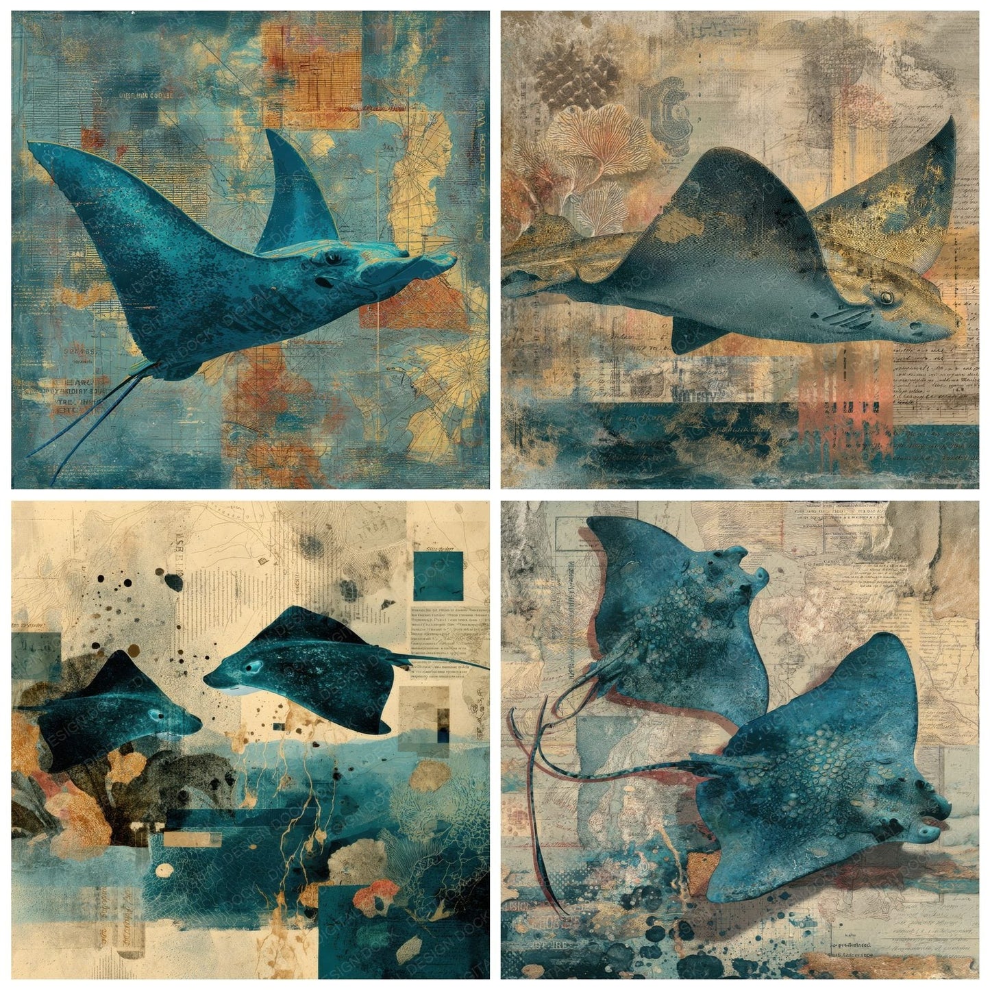 Collage Stingray Coastal Waters Digital Paper Pack (DDD001163)